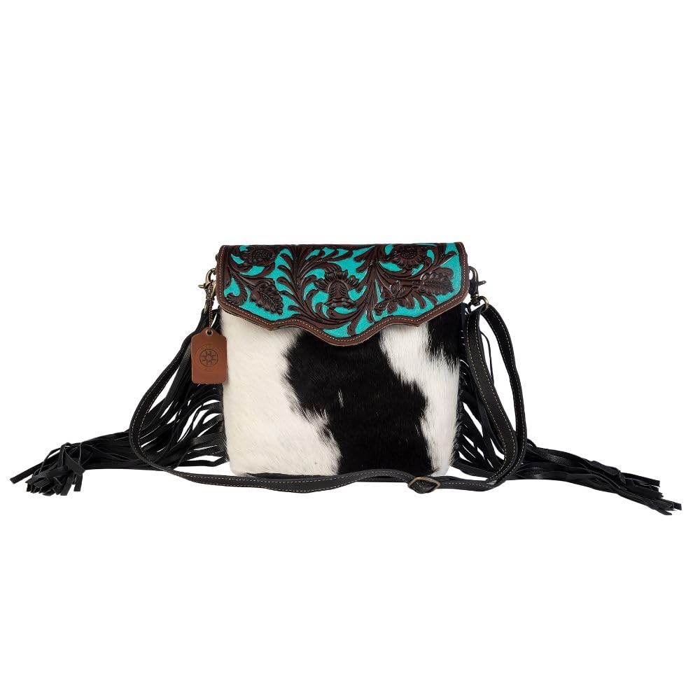 Myra Aqua Hand-Tooled Leather Bag - Women's Upcycled Cotton & Cowhide Purse for Casual Outings