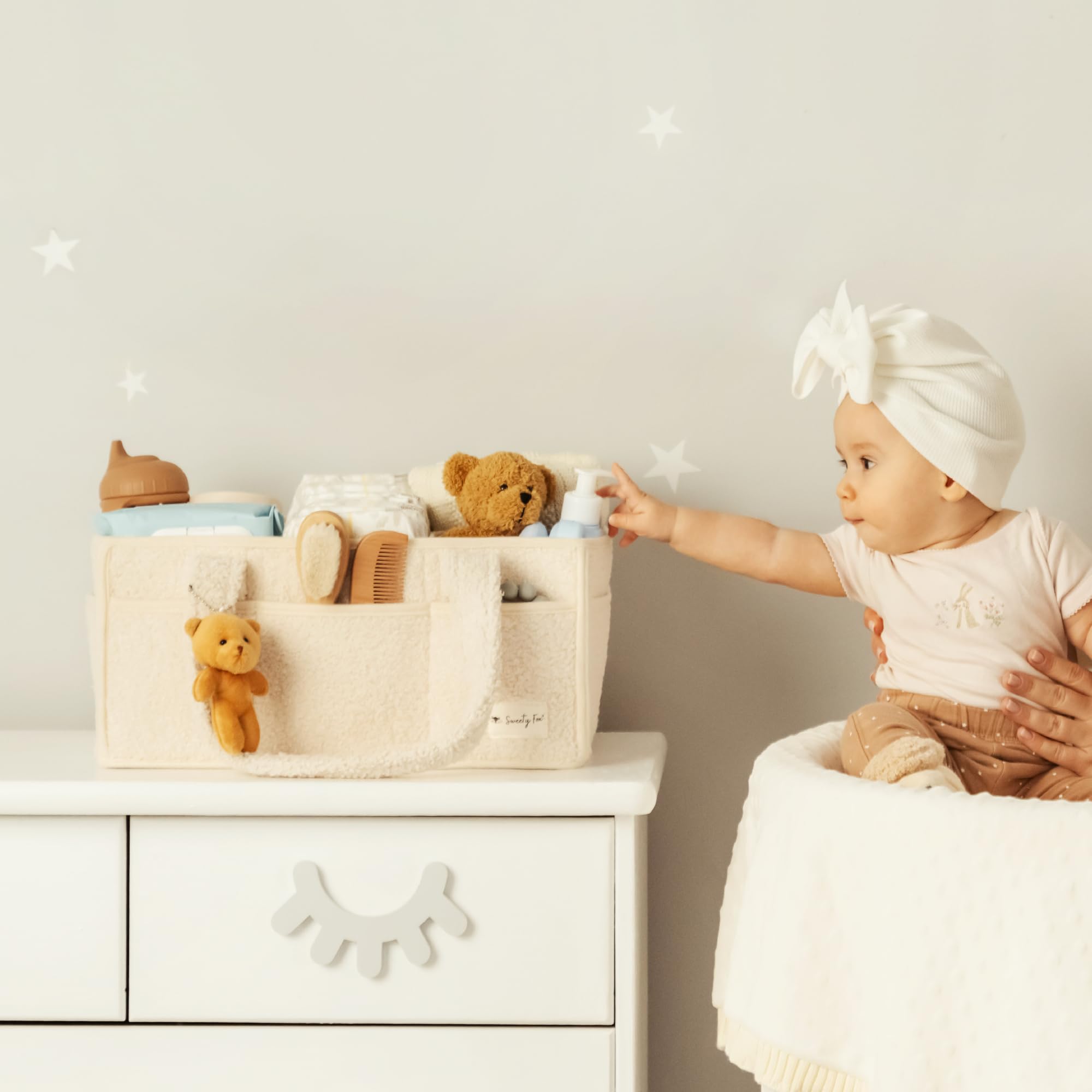 Sweety Fox Baby Diaper Caddy Organizer with Handle - Portable Sherpa Nursery Basket for Diapers & Baby Essentials - Car Diaper Organizer & Cleaning Caddy - Perfect Baby Shower Gift (Ivory) - Ideal for Nursery, Travel & On-the-Go Parents