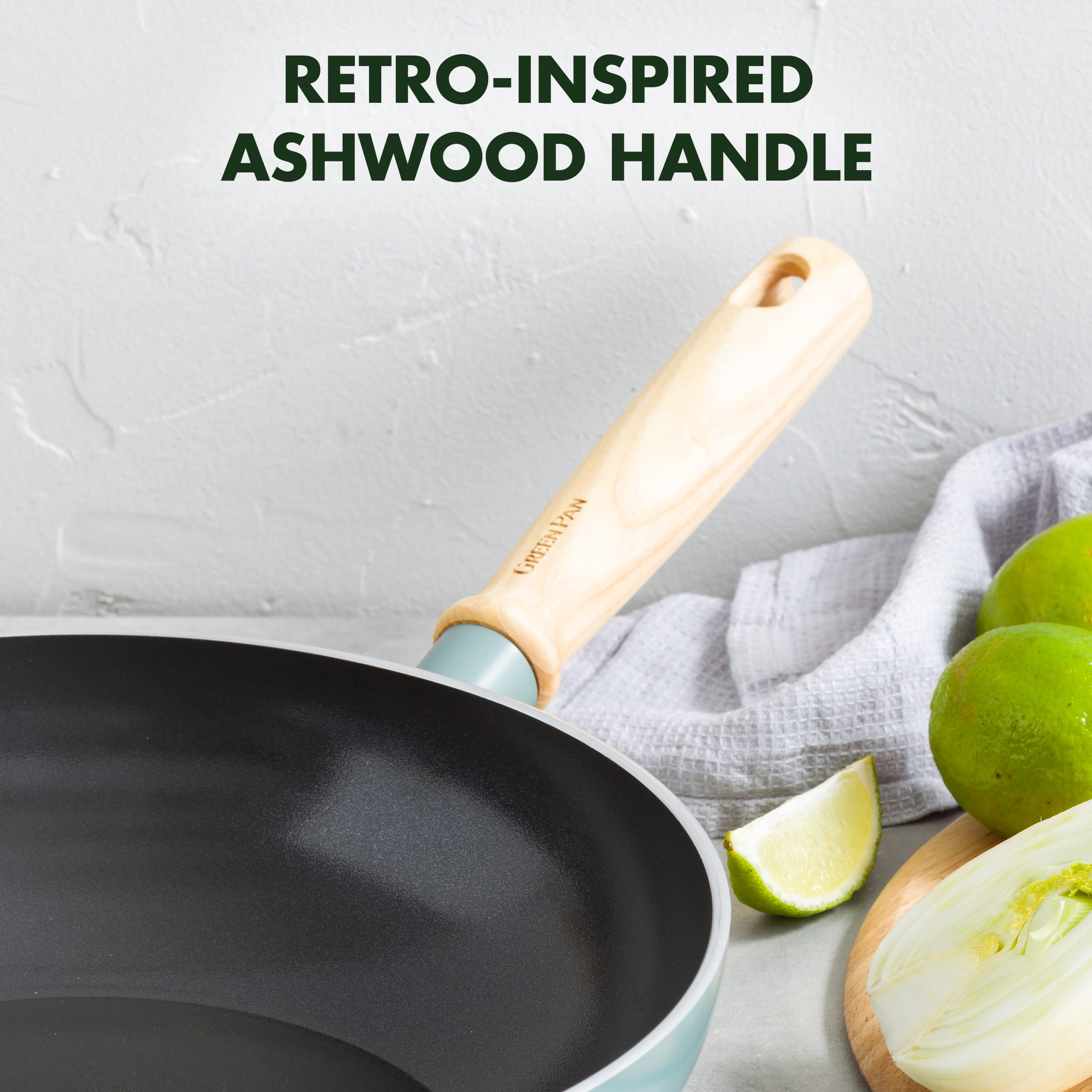 GreenPan Mayflower 28cm/3.7L Non-Stick Ceramic Wok Pan with Vintage Wooden Handle - PFAS-Free, Induction Compatible, Smoked Blue - Perfect for Stir-Frying, Sautéing & Asian Cooking