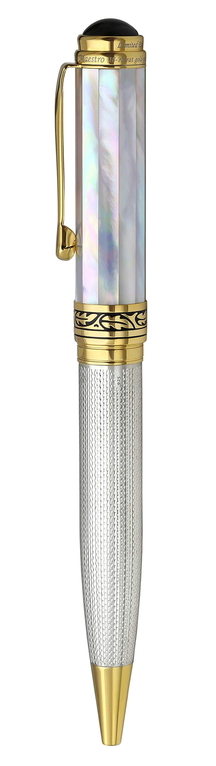 Xezo Maestro Twist Action Ballpoint Pen - Medium Point, Oceanic White Mother of Pearl with 925 Sterling Silver & 18K Gold Plating - Handcrafted Limited Edition Serialized Luxury Pen for Business Gifts, Executive Writing & Collectors