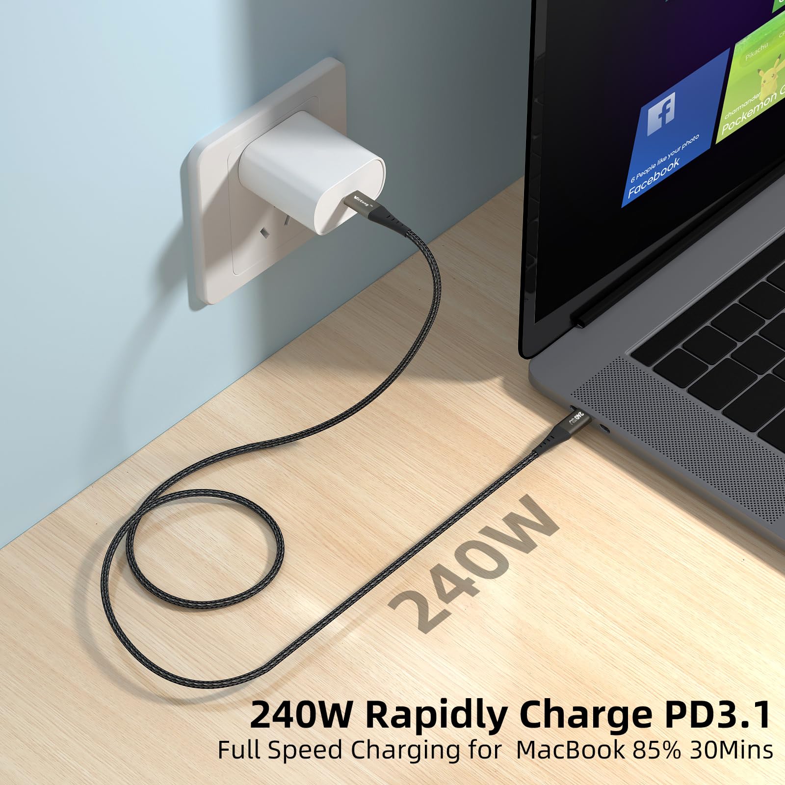 240W USB C to USB C Cable 5.0FT, Nylon Braided USB 2.0 Fast Charging Cable with 480Mbps Data Transfer & 5A Power Delivery - Compatible with iPhone 15 Series, Samsung Galaxy S23, MacBook Air/Pro (PD3.1) - Perfect for Travel, Office & Home Charging