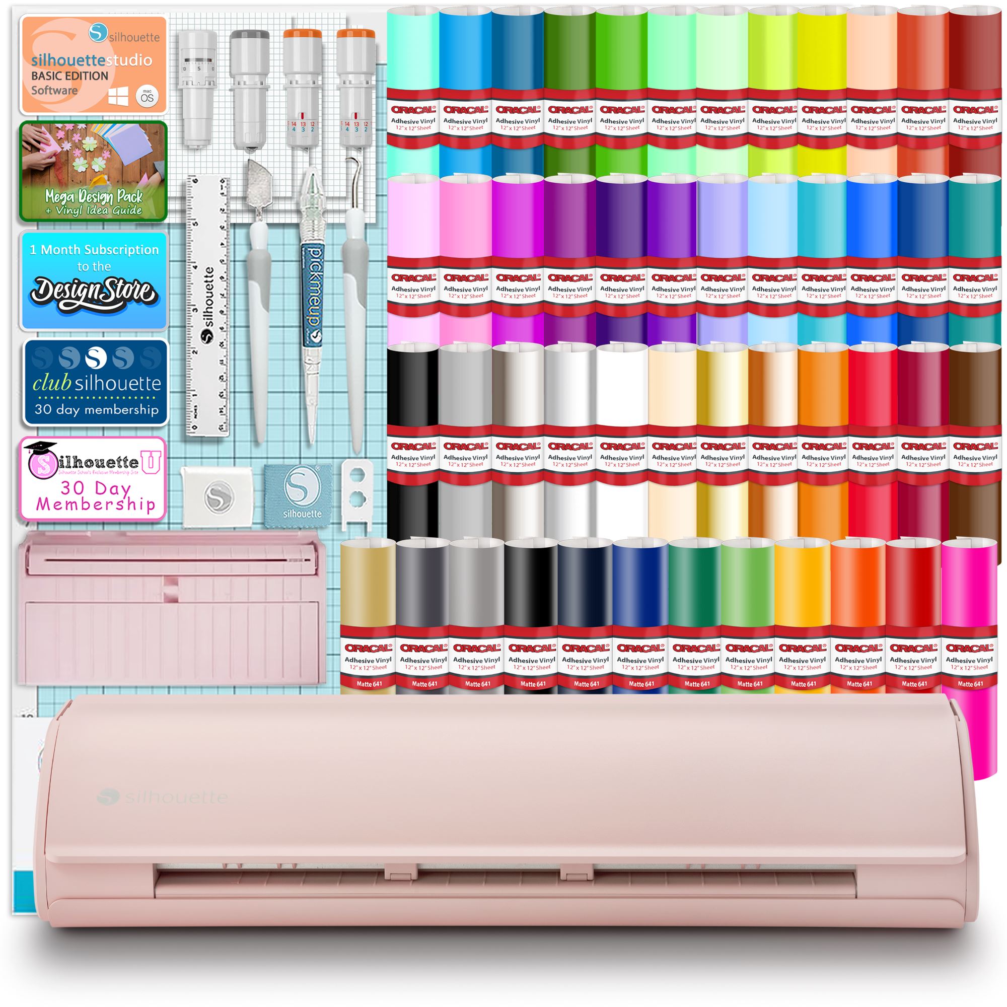 Silhouette Cameo 5 Cutting Machine with 64 Oracal Vinyl Sheets, Blades & Tools - Perfect for DIY Crafts, Home Decor, and Custom Vinyl Projects