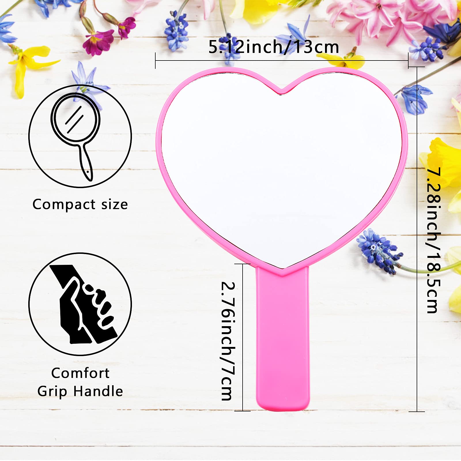 2 Pack Heart-Shaped Handheld Mirrors - Travel Makeup Mirror with Handle, Small Cosmetic Mirror for Women & Girls - Perfect for Valentine's Day Gifts, Bridal Makeup, Travel Essentials (Rose, Purple)