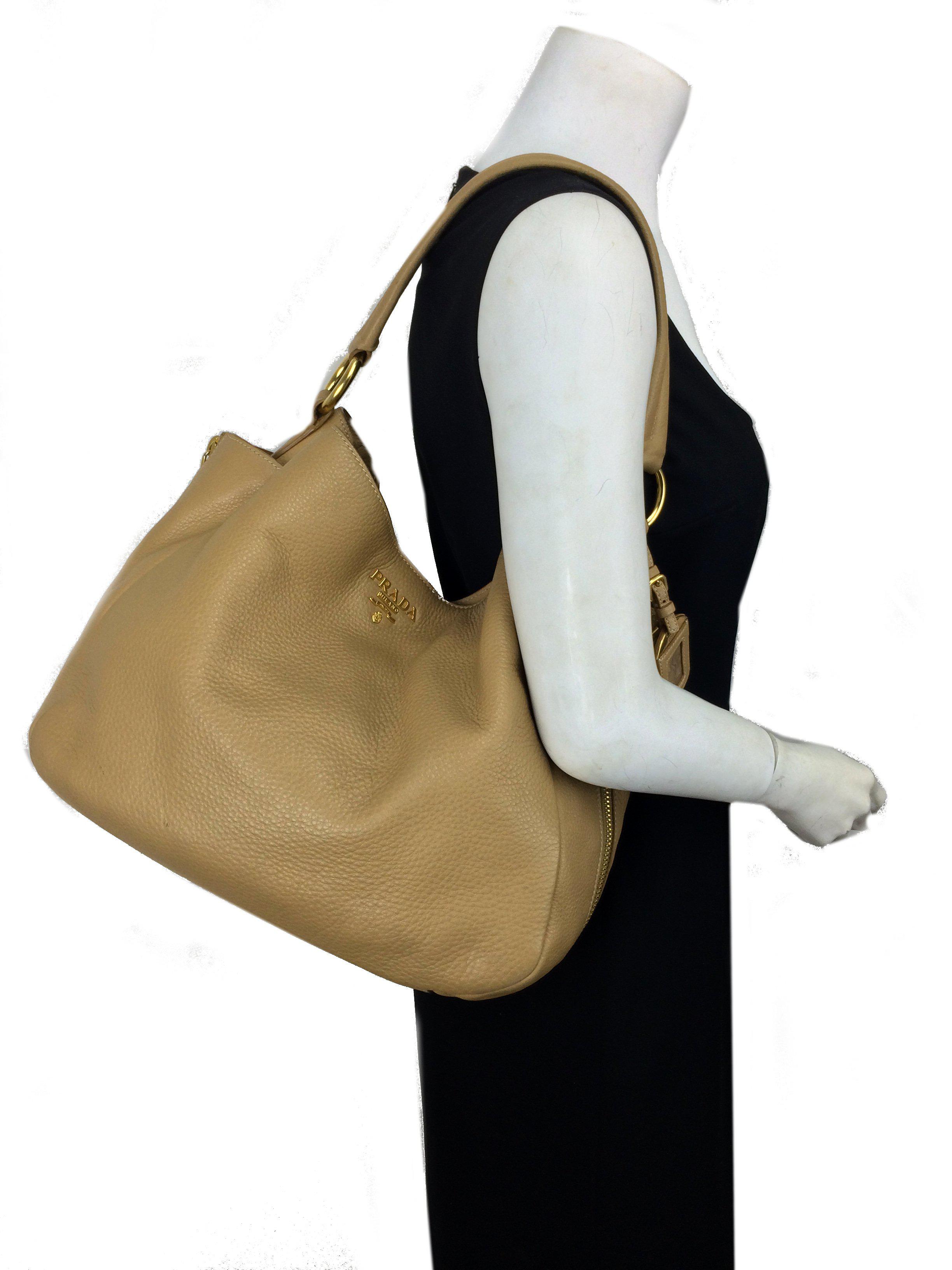 Prada Side Pocket Vitello Daino Zip Hobo Bag - Luxury Leather Shoulder Bag for Women | Perfect for Work, Travel & Everyday Use