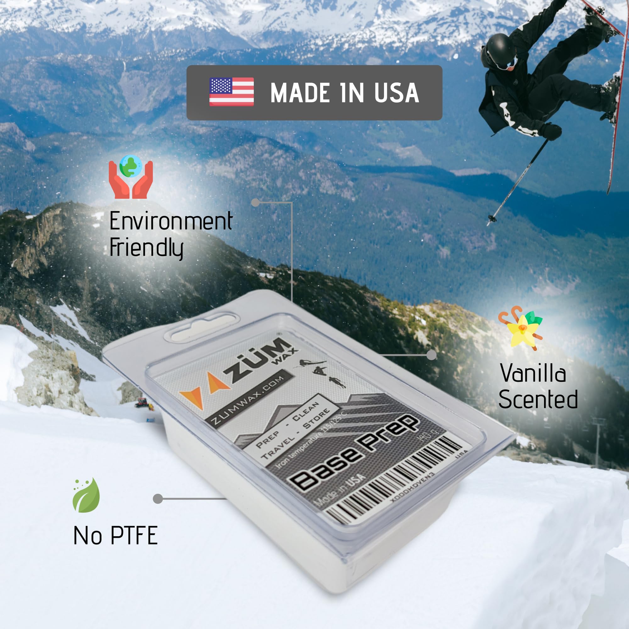 ZUMWax Iron-On Ski and Snowboard Wax - 140g PFAS-Free Base Prep Wax for Nordic, Alpine, and Backcountry Skiing - Clean, Store, and Protect Your Skis - Made in USA - Perfect for Winter Sports and Travel