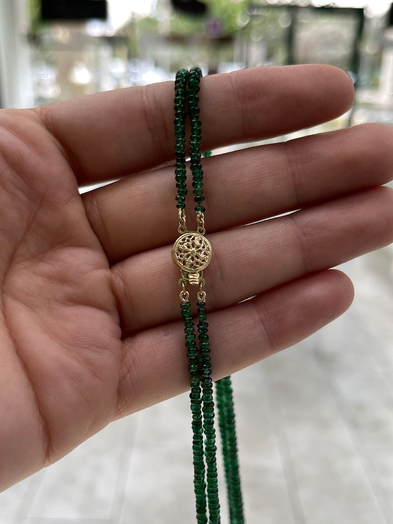85+ Carat 14K Gold 22 Inch Dark Green Rondelle Emerald Bead 2 Strand Necklace for Women - Elegant Statement Jewelry for Parties, Weddings & Special Occasions