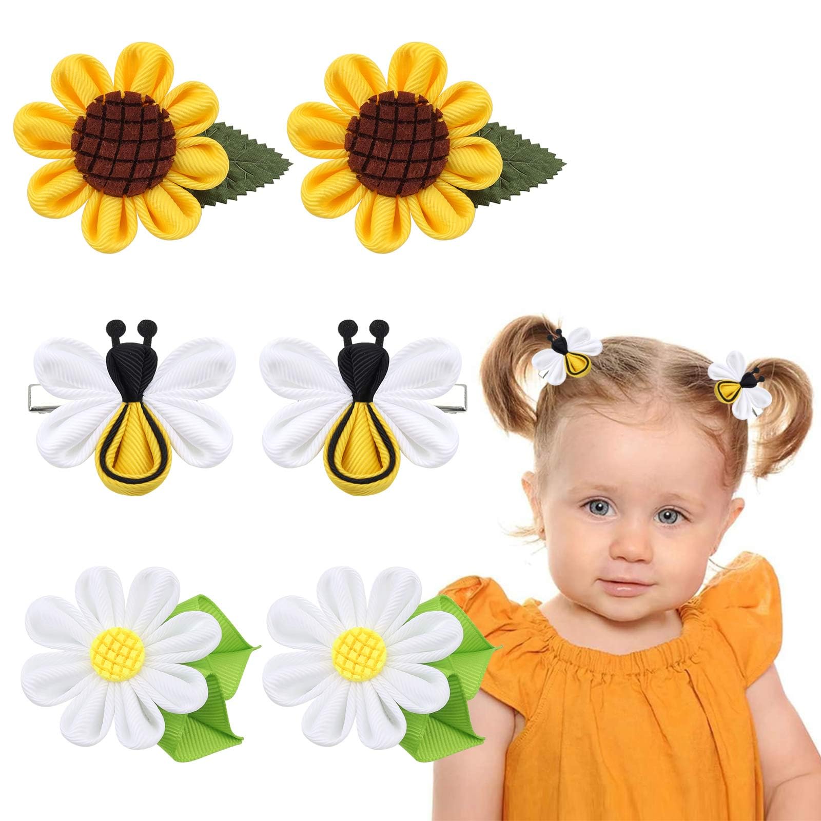 6pcs Sunflower, Honey Bee, and Daisy Hair Bows for Babies, Toddlers, Little Girls & Teens - Tiny Flower Hair Clips for Fine & Thick Hair - Perfect for Parties, Weddings & Everyday Wear