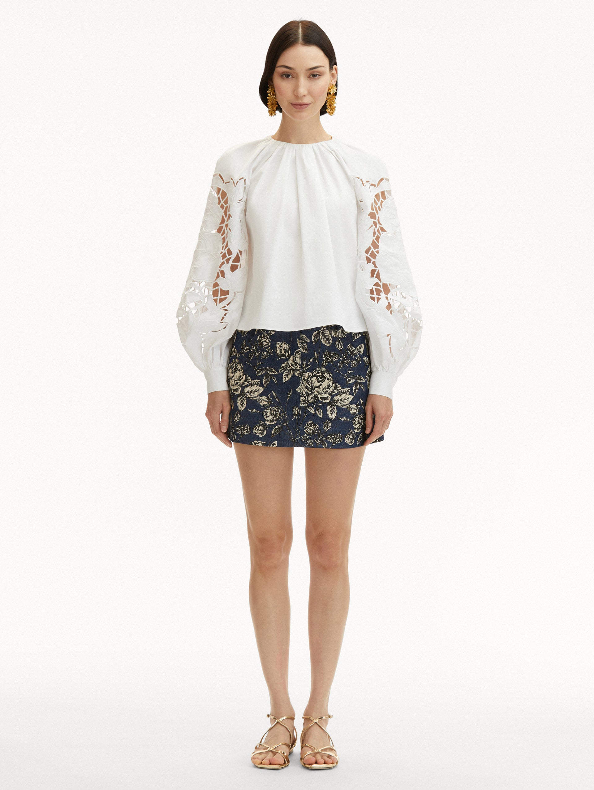 English Rose Cutout Cotton Poplin Blouse - Vintage Floral Print Women's Top for Casual Wear & Spring Outfits