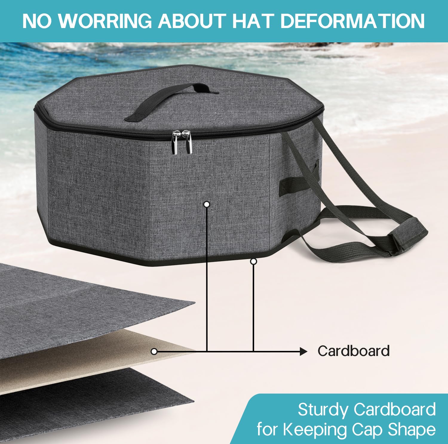 Collapsible Travel Hat Box for Women & Men - SLEEPING LAMB Cowboy Cap Organizer with Handles, Grey Storage Case for Closet & Large Hat Carrier | Perfect for Travel, Home Storage & Fashion Accessory Organization