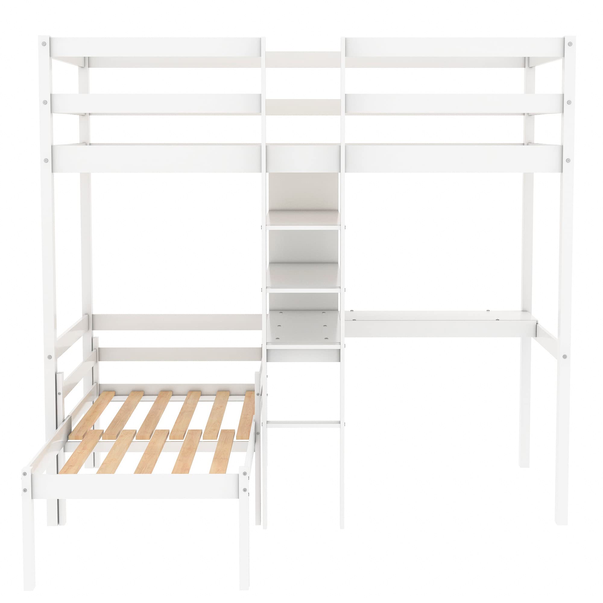 MERITLINE Solid Wood L-Shaped Bunk Bed with Convertible Twin Loft & Relax Seat - Kids Study Bed with Shelves for Teens, Boys & Girls (White) - Perfect for Small Bedrooms, Dorm Rooms & Space-Saving Kids' Rooms