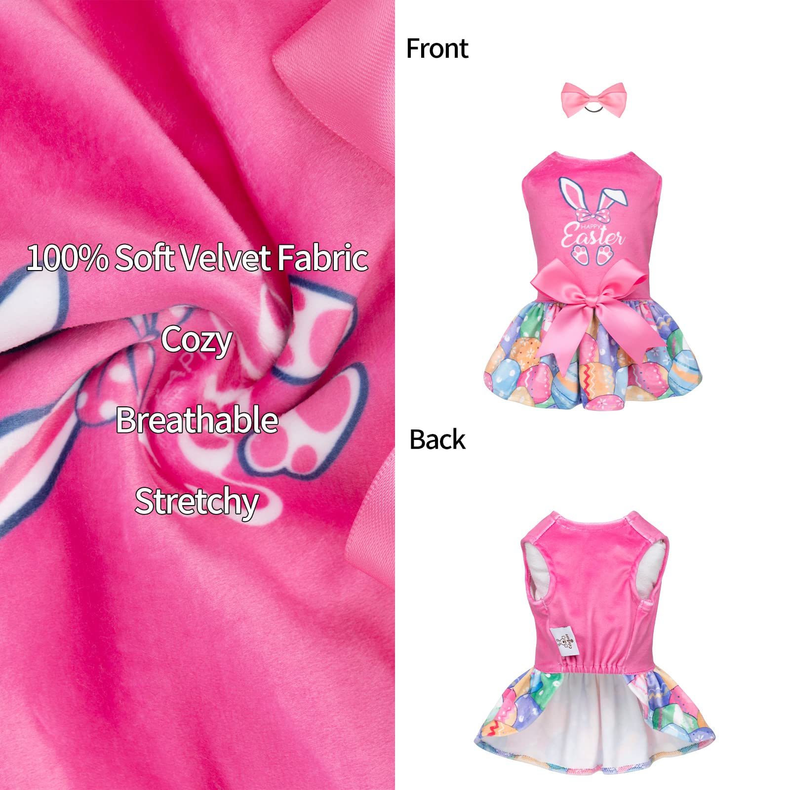 Happy Easter Dog Dress for Small Dogs - Velvet Pink Puppy Dress with CuteBone Design - Perfect for Easter Photos, Parties & Holiday Outfits (CVA18M-D)
