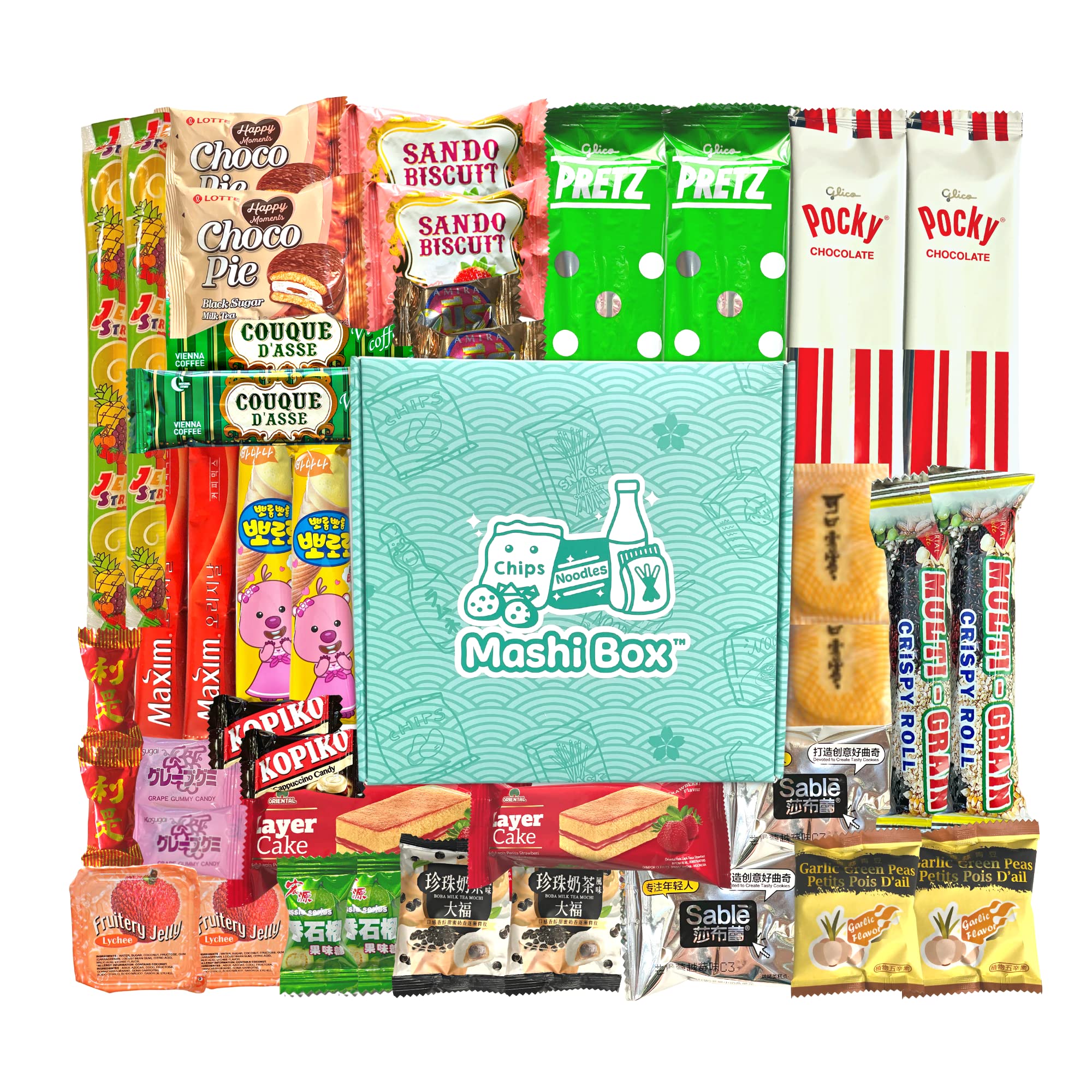 Mashi Box Asian Snack Box - 40 Count Variety Pack of Japanese, Korean, Chinese, Taiwanese & Vietnamese Snacks | Sweet & Savory Treats for Parties, Office Snacking & Cultural Food Exploration