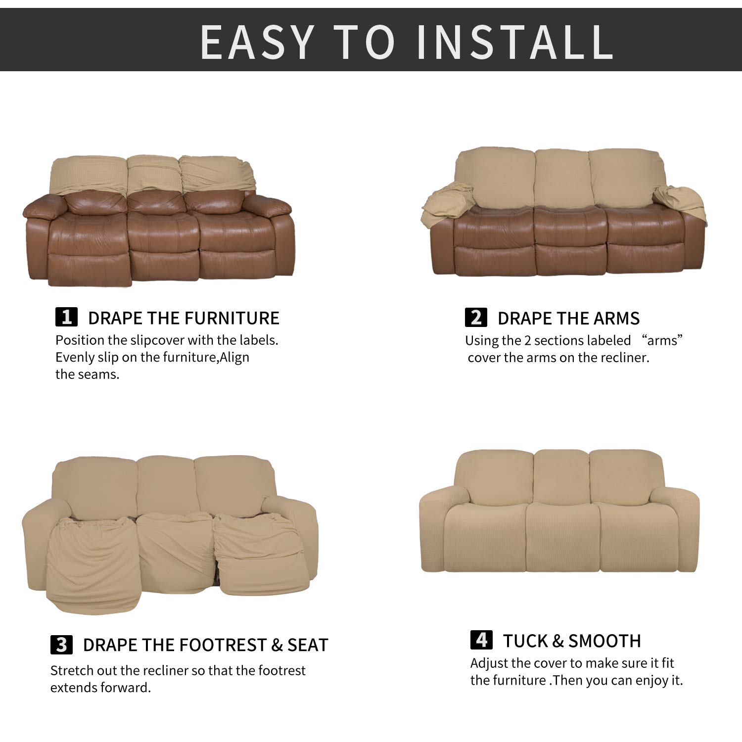 8-Piece Microfiber Stretch Sectional Recliner Sofa Slipcover - Soft Fitted Fleece 3-Seat Couch Cover - Washable Furniture Protector with Elastic Edges for Kids & Pets - Pale Yellow - Perfect for Living Room, Family Room & Home Theater Comfort