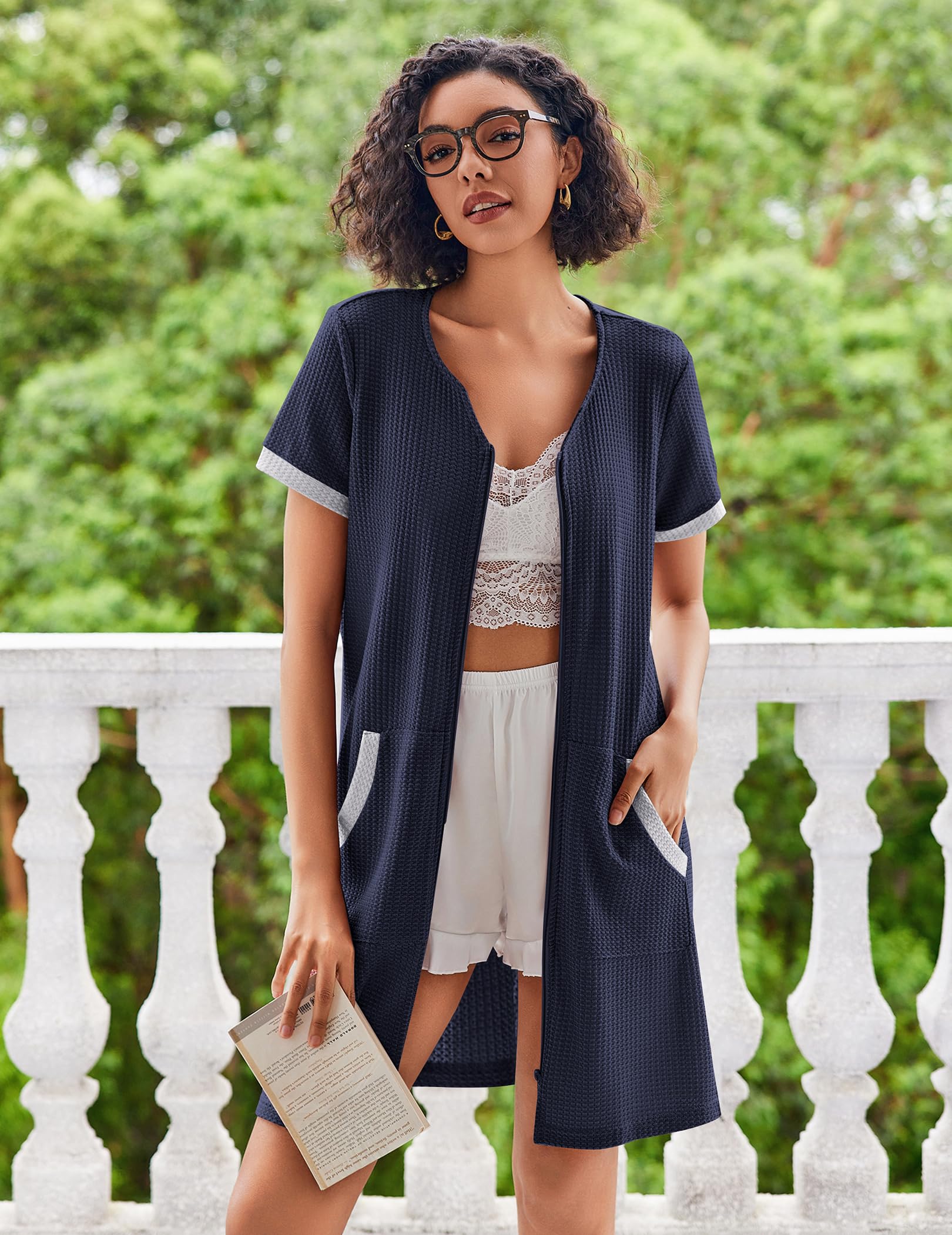 Ekouaer Women's Lightweight Waffle Bathrobe - Short Sleeve Knee-Length Housecoat with Pockets & Front Zipper (Sizes S-3XL) | Perfect for Spa, Lounging, and Post-Shower Comfort