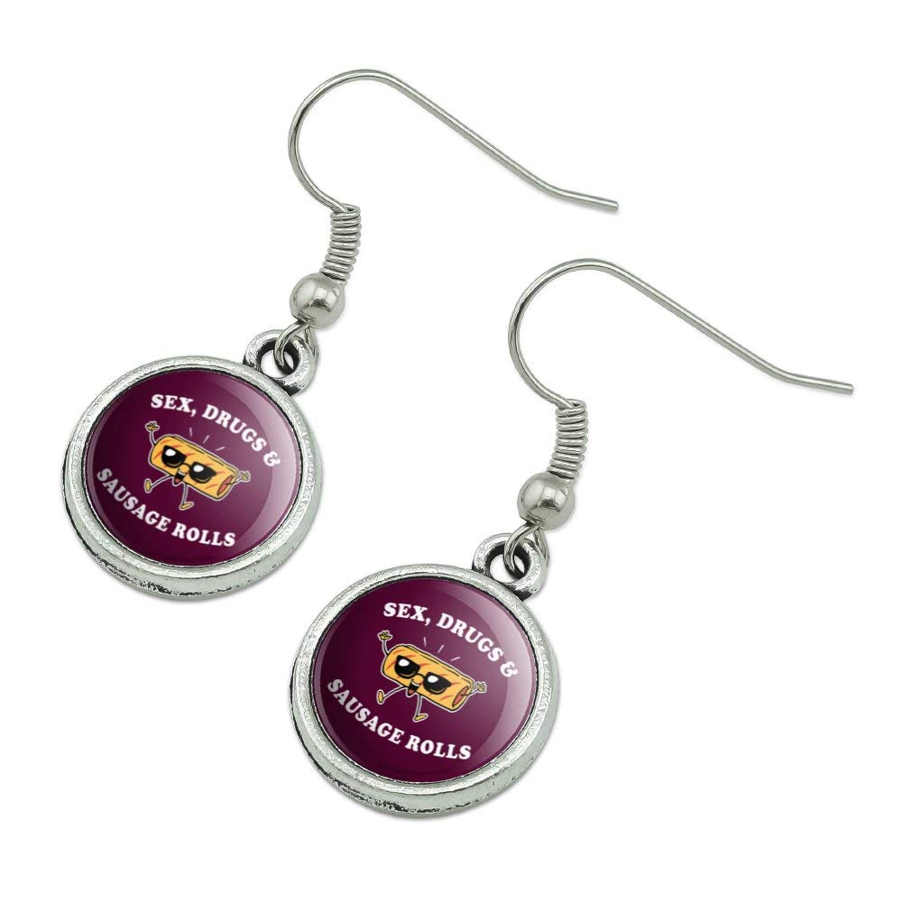 Funny Novelty Drop Charm Earrings - Sex Drugs and Sausage Rolls Humor Design | Perfect for Parties, Gifts & Everyday Wear