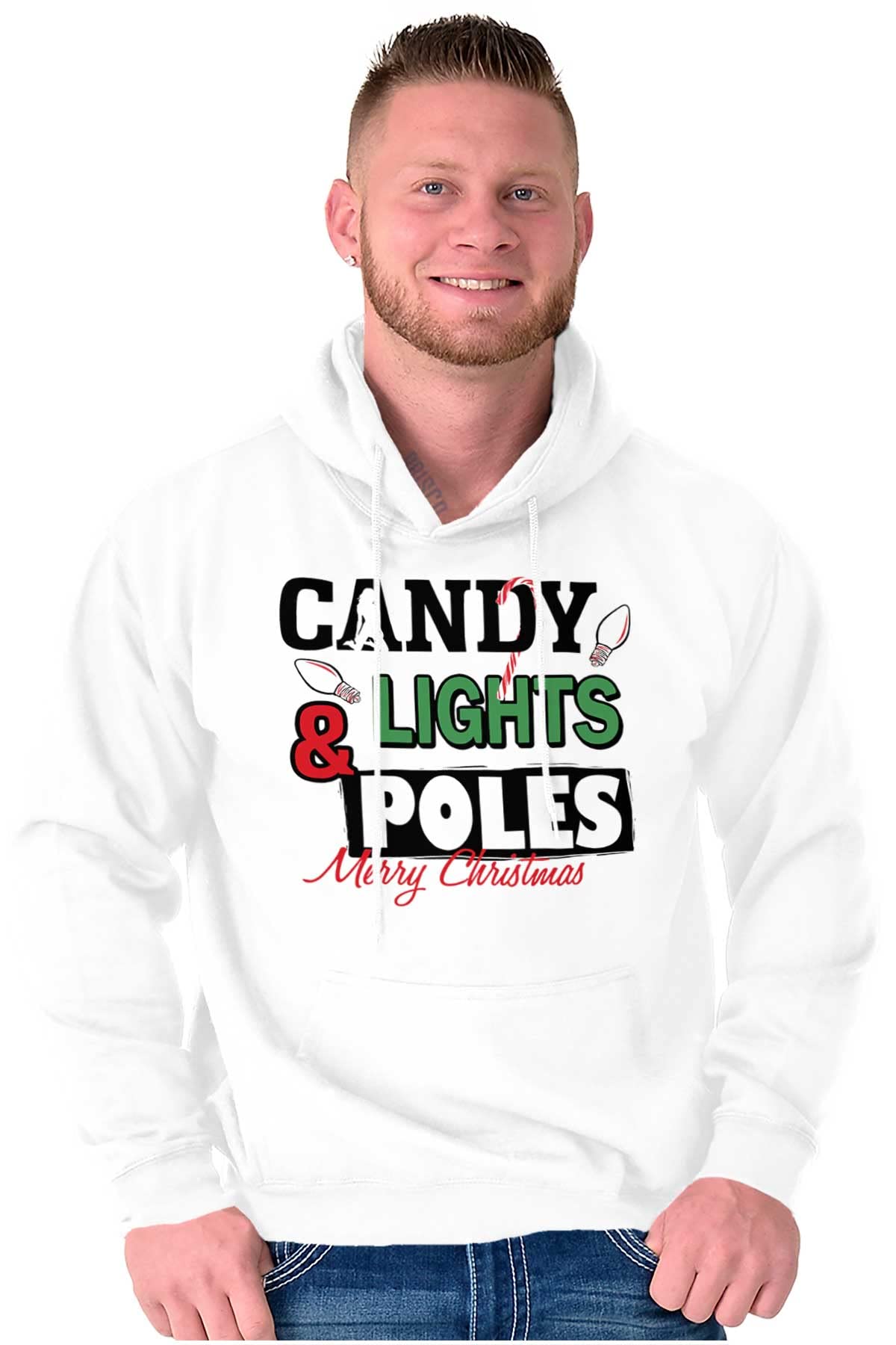 Funny Christmas Candy Cane Lights Hooded Sweatshirt for Men - Cozy Holiday Pullover for Xmas Parties & Winter Outfits