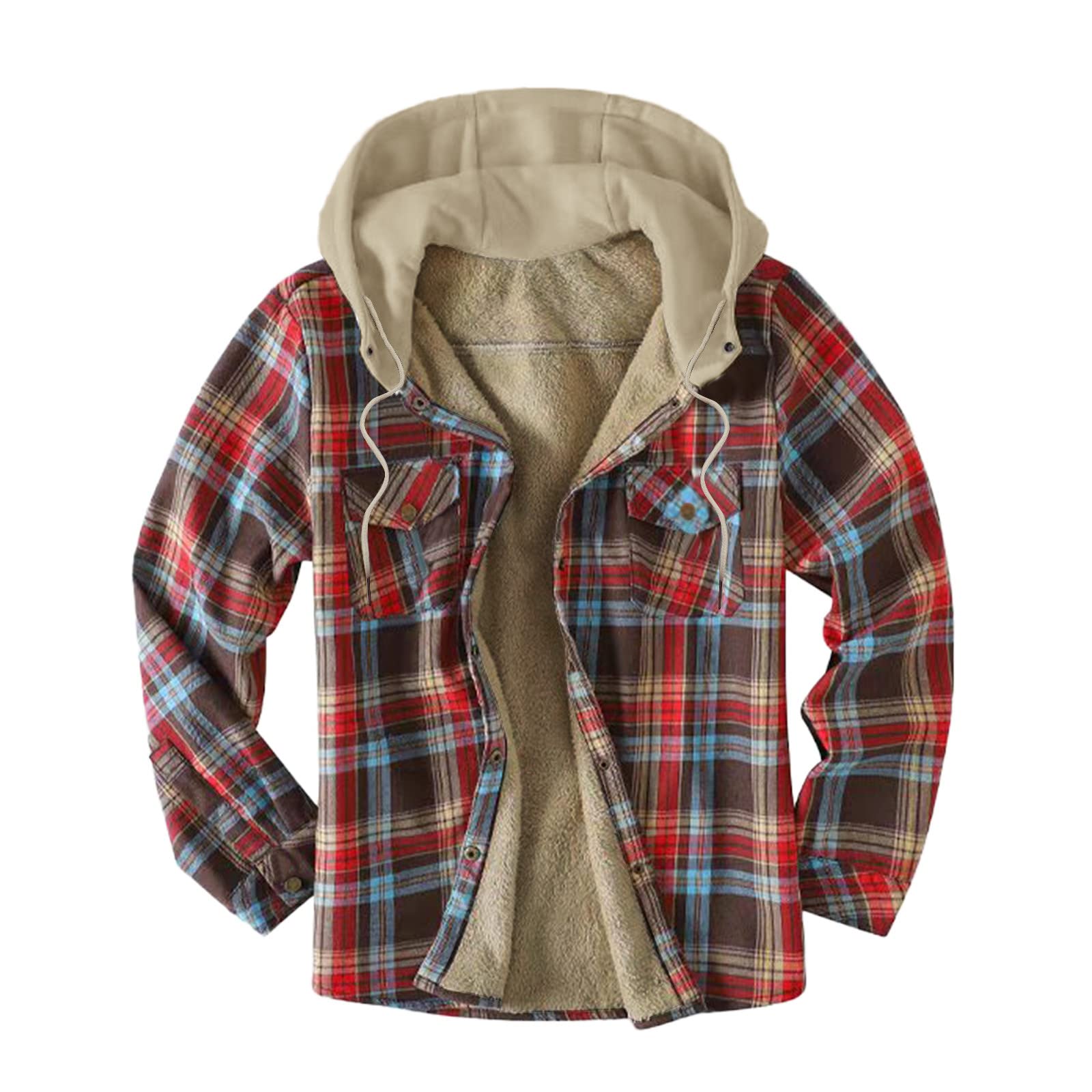 Men's Plaid Hooded Jacket with Pockets - Warm Winter & Autumn Coat with Velvet Shirt Top - Casual Outerwear for Outdoor Activities & Daily Wear