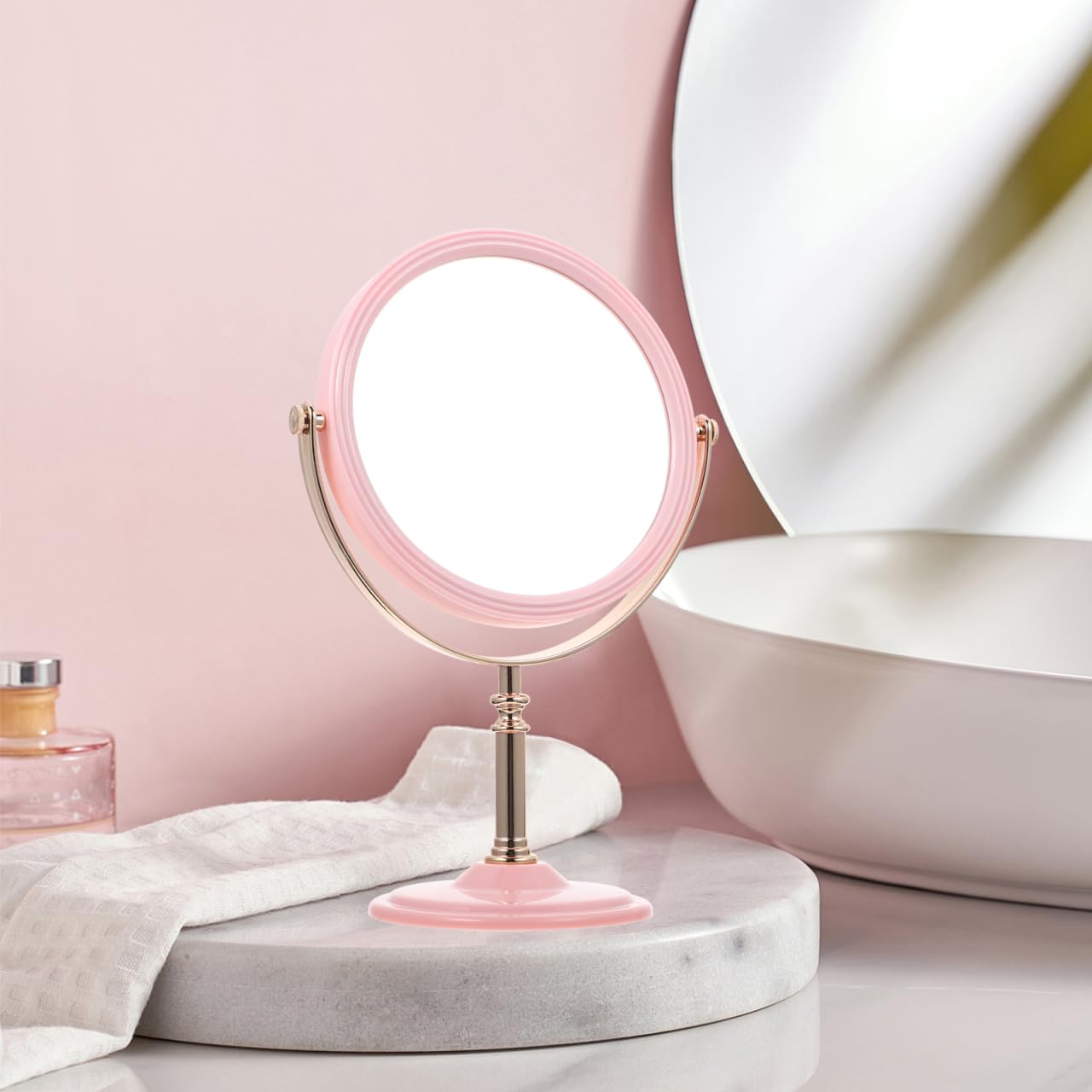 Double Sided Vanity Mirror with LED Lights - Portable Travel Makeup Mirror for Home & On-The-Go - Lighted Aluminum Frame in Pink - Perfect for Makeup Application, Skincare & Travel Essentials