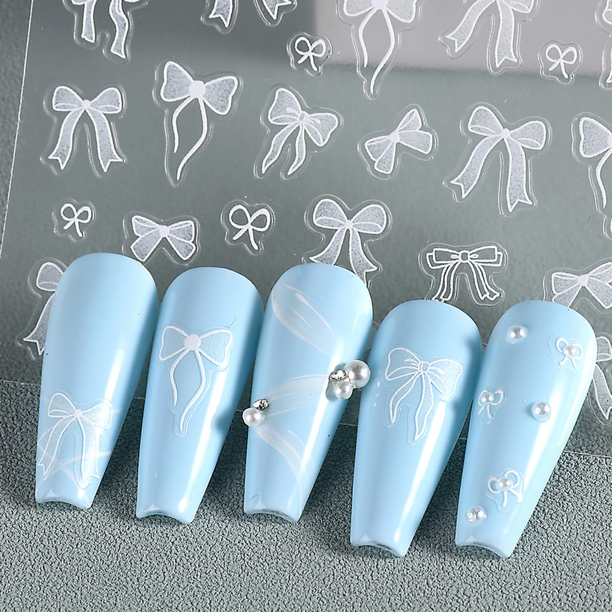 5D Embossed Bow Nail Art Stickers - 3PCS Pink & White Bowknot Nail Decals, Cute Ribbon Bow Tie Design Nail Adhesive Sliders - Kawaii Manicure Accessories for Women & Girls - Perfect for DIY Nail Art, Party Decorations, and Gift Giving