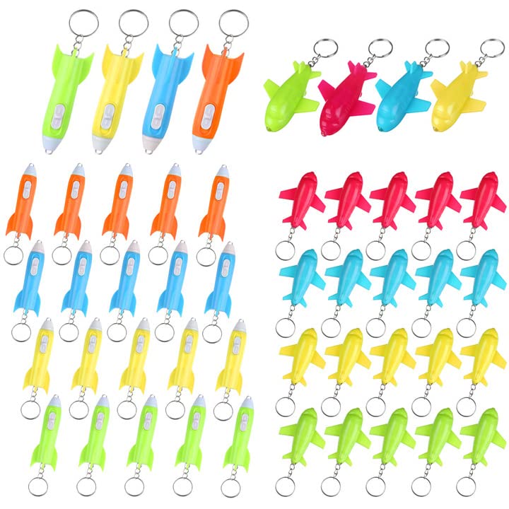 48 Pcs Mini LED Flashlight Keychain - Helicopter, Rocket & Plane Designs - Bulk Outer Space Themed Party Favors for Kids - Perfect for Birthday Gifts, Camping Gear & Emergency Kits
