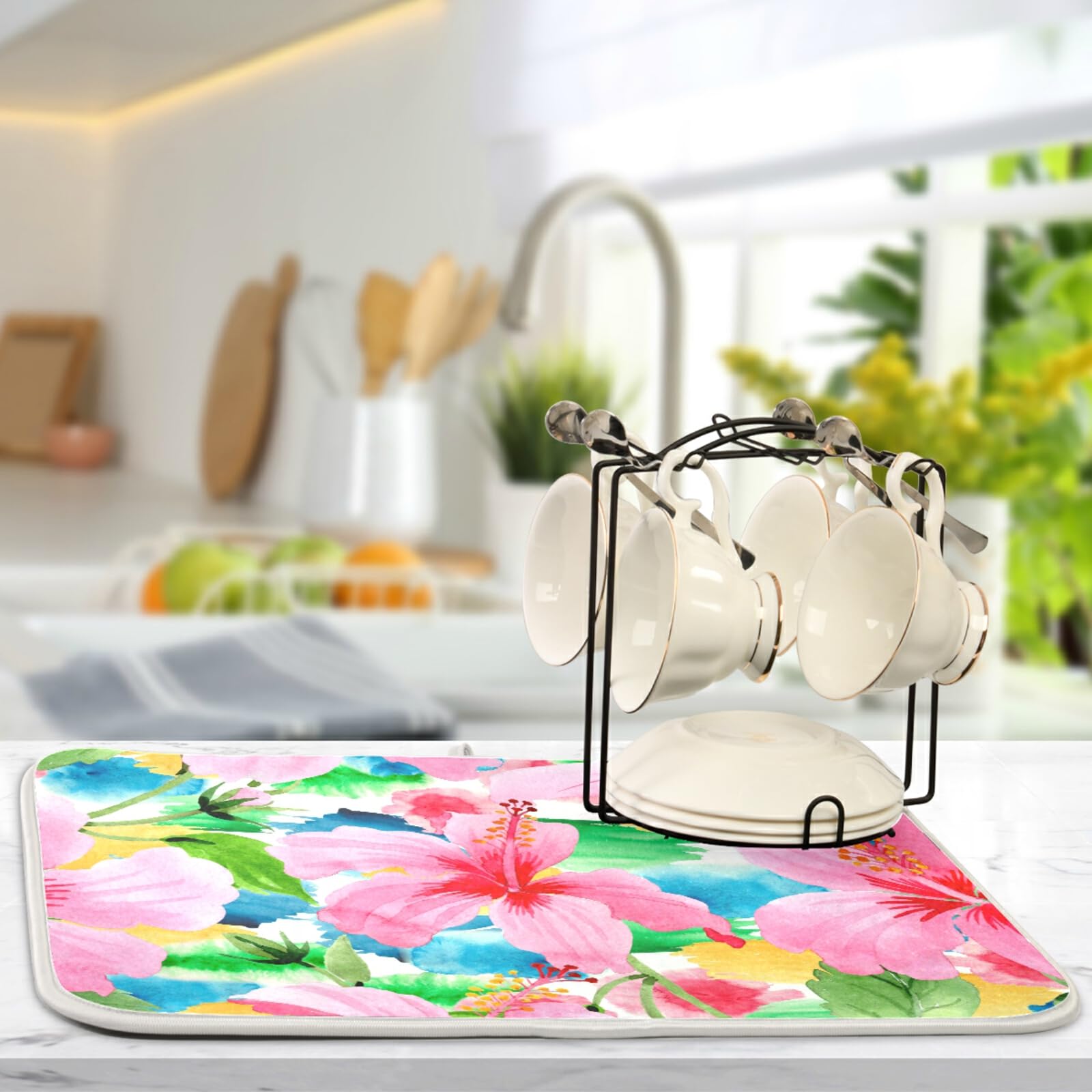Floral Dish Drying Mat - 18x24 Inch Absorbent Microfiber Kitchen Counter Mat, Washable Dish Rack & Drainer Pad for Dishes, Cups & Utensils - Perfect for Countertop Drying After Washing