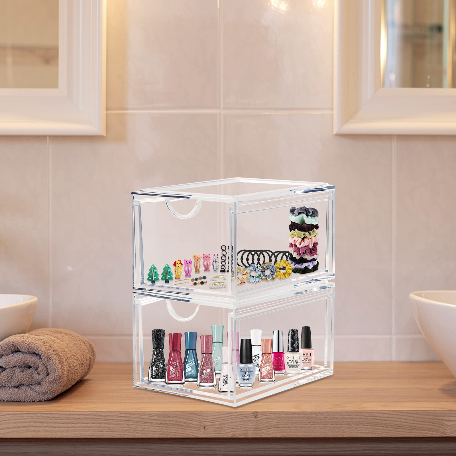 Stackable Acrylic Makeup Organizer - Set of 2 Clear Drawers for Bathroom & Bedroom Storage
