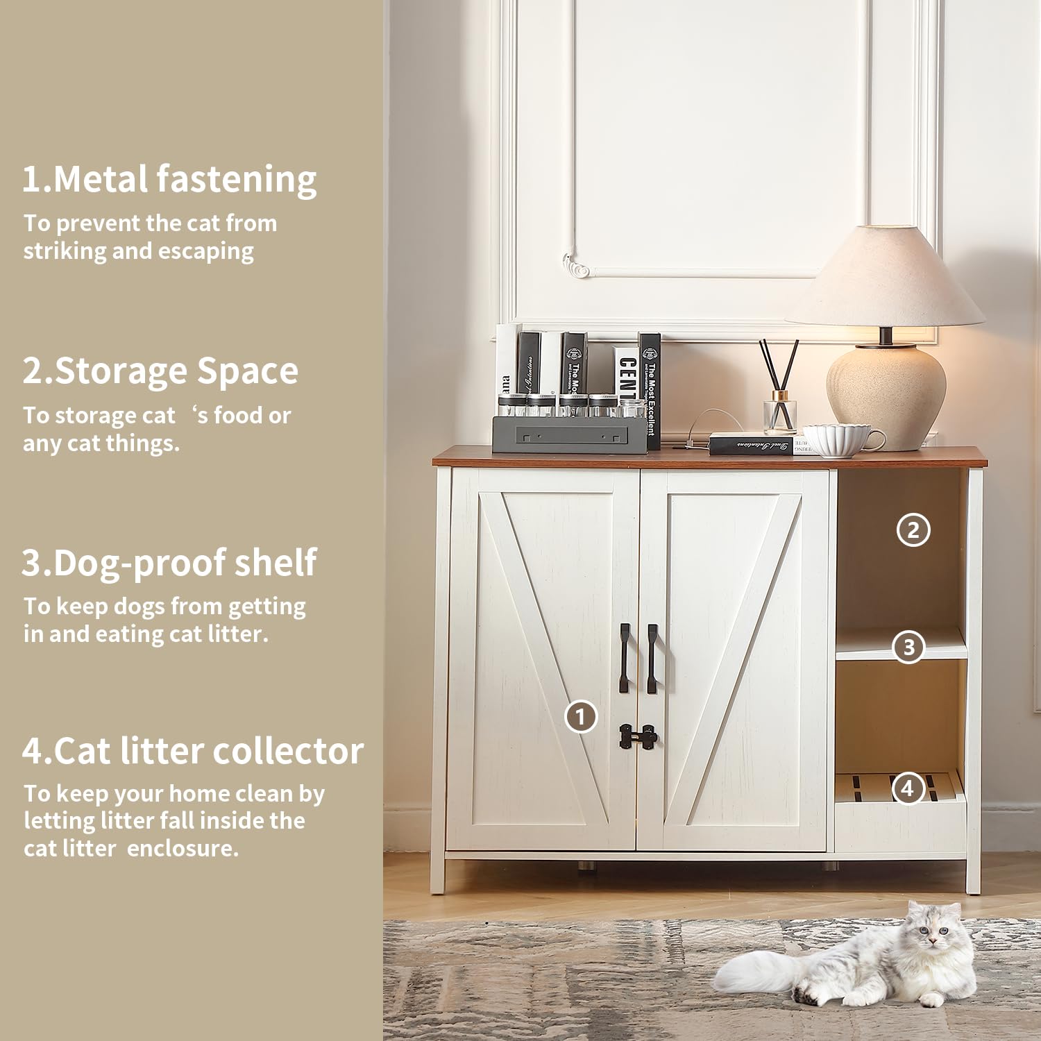 Automatic Self-Cleaning Cat Litter Box Enclosure with Adjustable Shelf - Dog Proof Storage & Charging Station - Secure Lock System for Cats - Large Indoor Cat House in Antique White - Perfect for Multi-Pet Homes & Small Spaces