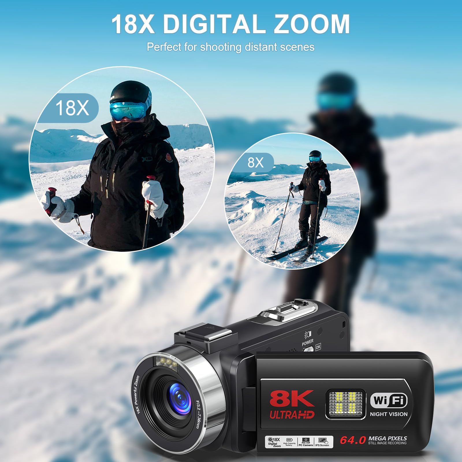 8K 64MP Camcorder Video Camera with 18X Digital Zoom - YouTube Vlogging Camera, Webcam with IR Night Vision & WiFi, 3.0” Touch Screen, Includes Microphone, 32G SD Card, Remote Control & 2 Batteries - Perfect for Travel Vlogging, Live Streaming, and Home Security Monitoring