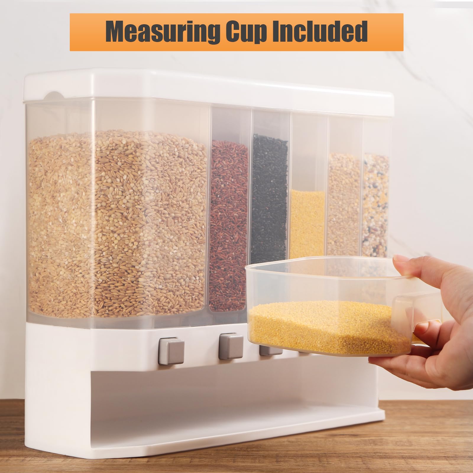 25lbs Grain Dispenser with Measuring Cup - 6 Grid Dry Food Storage Container for Rice, Snacks & Kitchen Organization | Perfect for Pantry, Restaurant & Bulk Food Storage