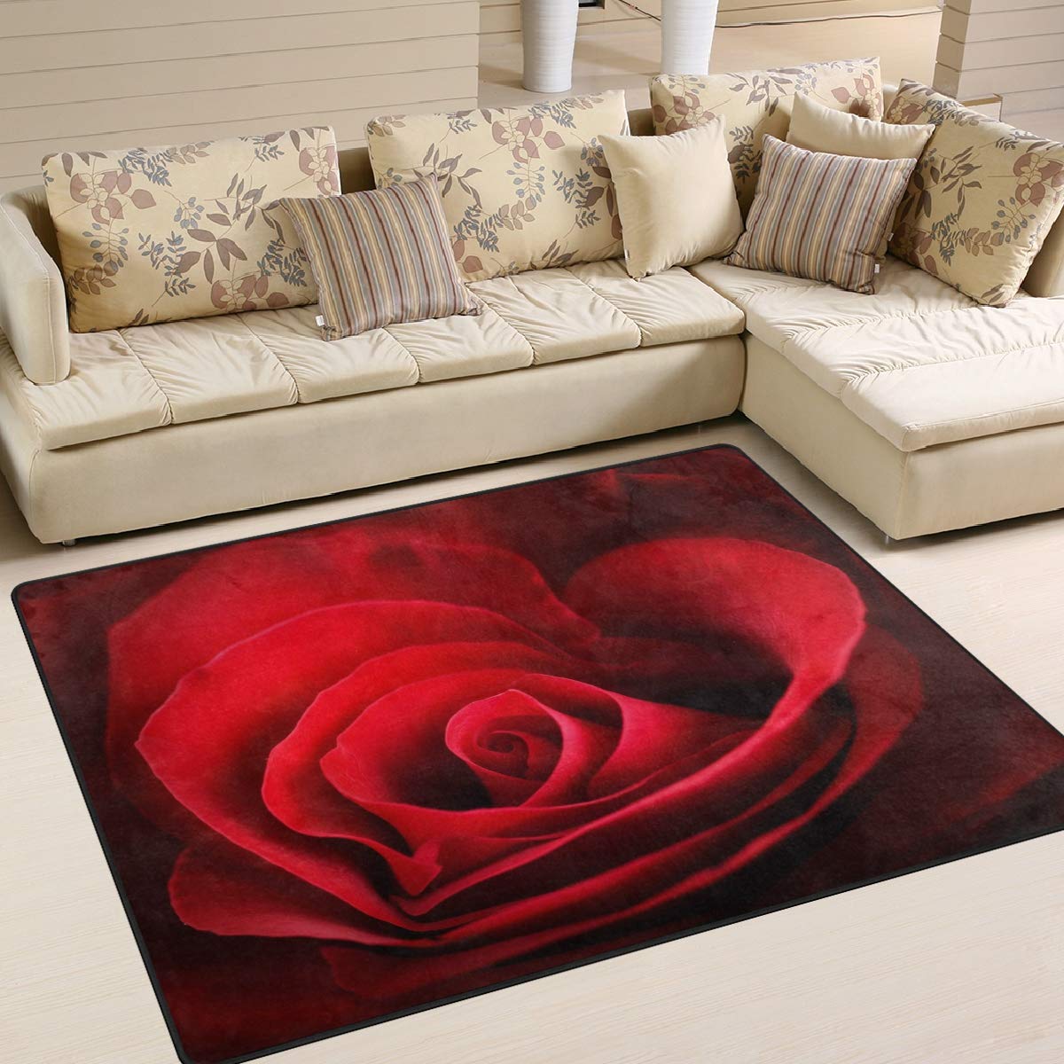ALAZA Red Love Heart Rose Flower Valentine's Day Rug - 7' x 5' Non-Slip Area Carpet for Living Room, Bedroom, Dorm - Romantic Home Decor Gift for Couples, Anniversary & Wedding