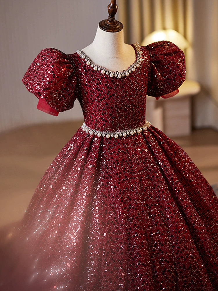 Burgundy Princess Scoop Floor Length Sequined Flower Girl Dress for Weddings, Pageants & Special Occasions – Elegant Formal Gown for Kids