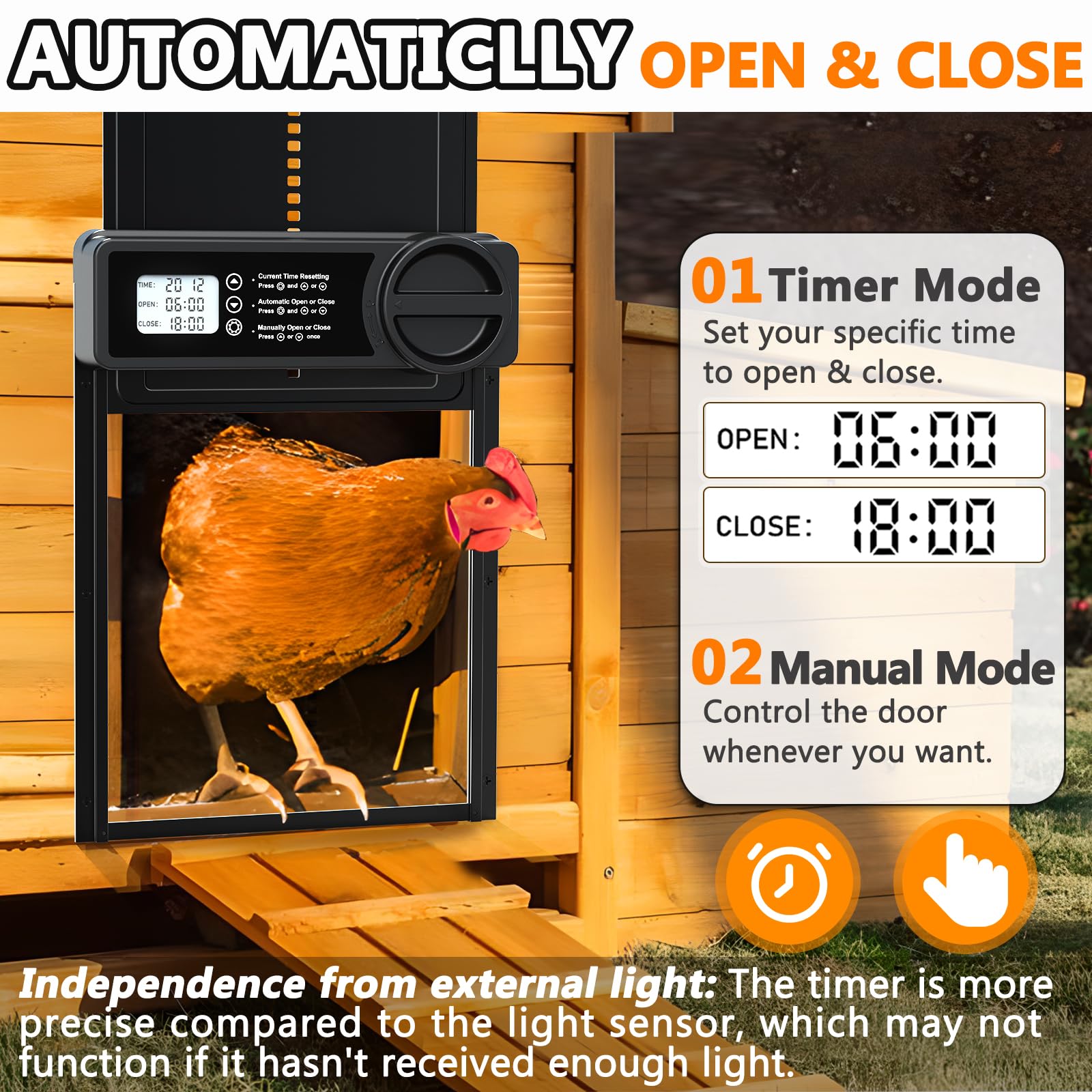 Automatic Chicken Coop Door with Timer & Manual Mode - Aluminum Alloy Anti-Pinch Design with Large LCD Screen & Low Battery Alarm | Perfect for Poultry Farms, Backyard Chicken Coops & DIY Enthusiasts