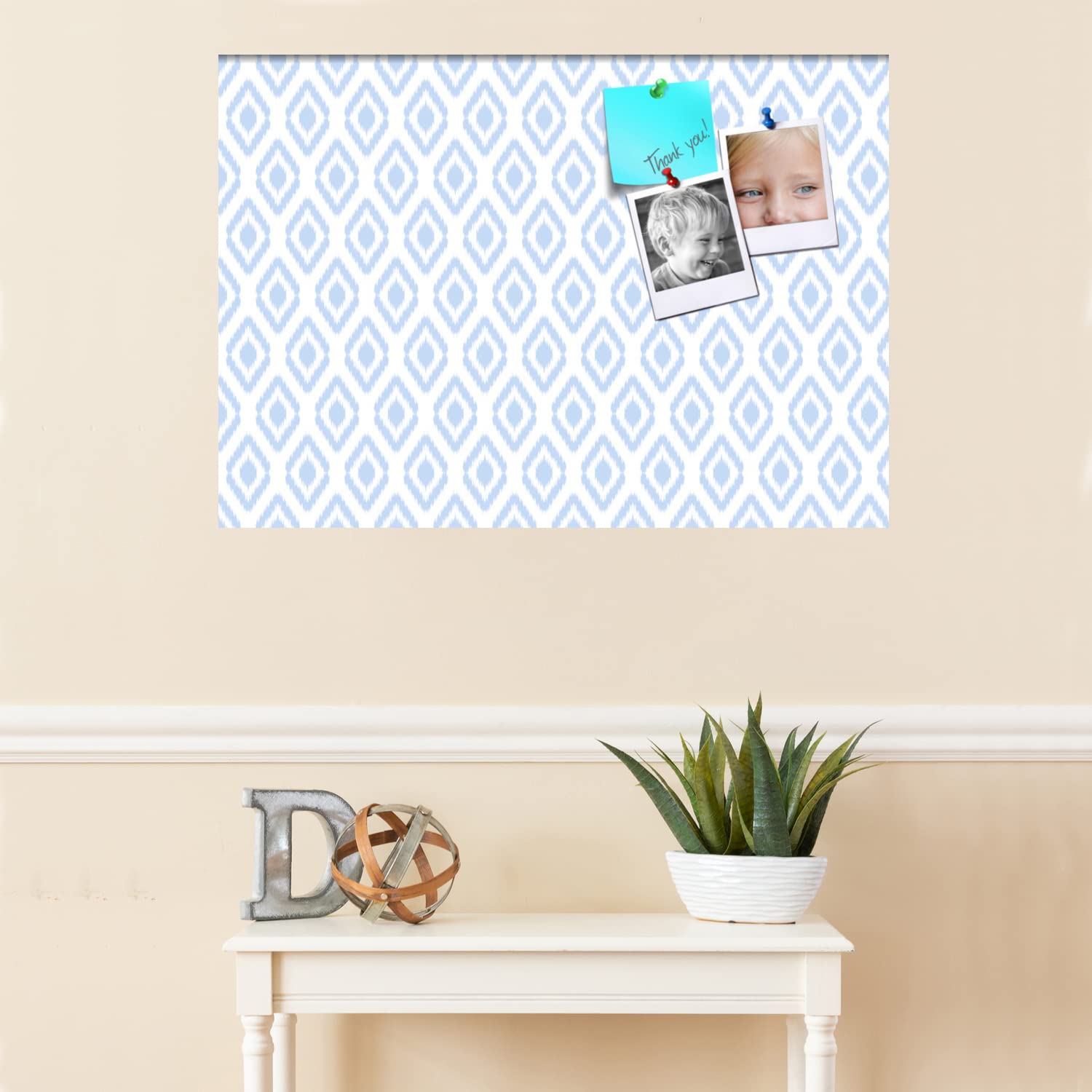 PinPix 34x24 Inch Cork Bulletin Board with Ikat Light Blue Design & Satin White Frame - Decorative Wall Memo Board for Home Office School Classroom Decor - Perfect for Notes, Photos, Reminders and Organization