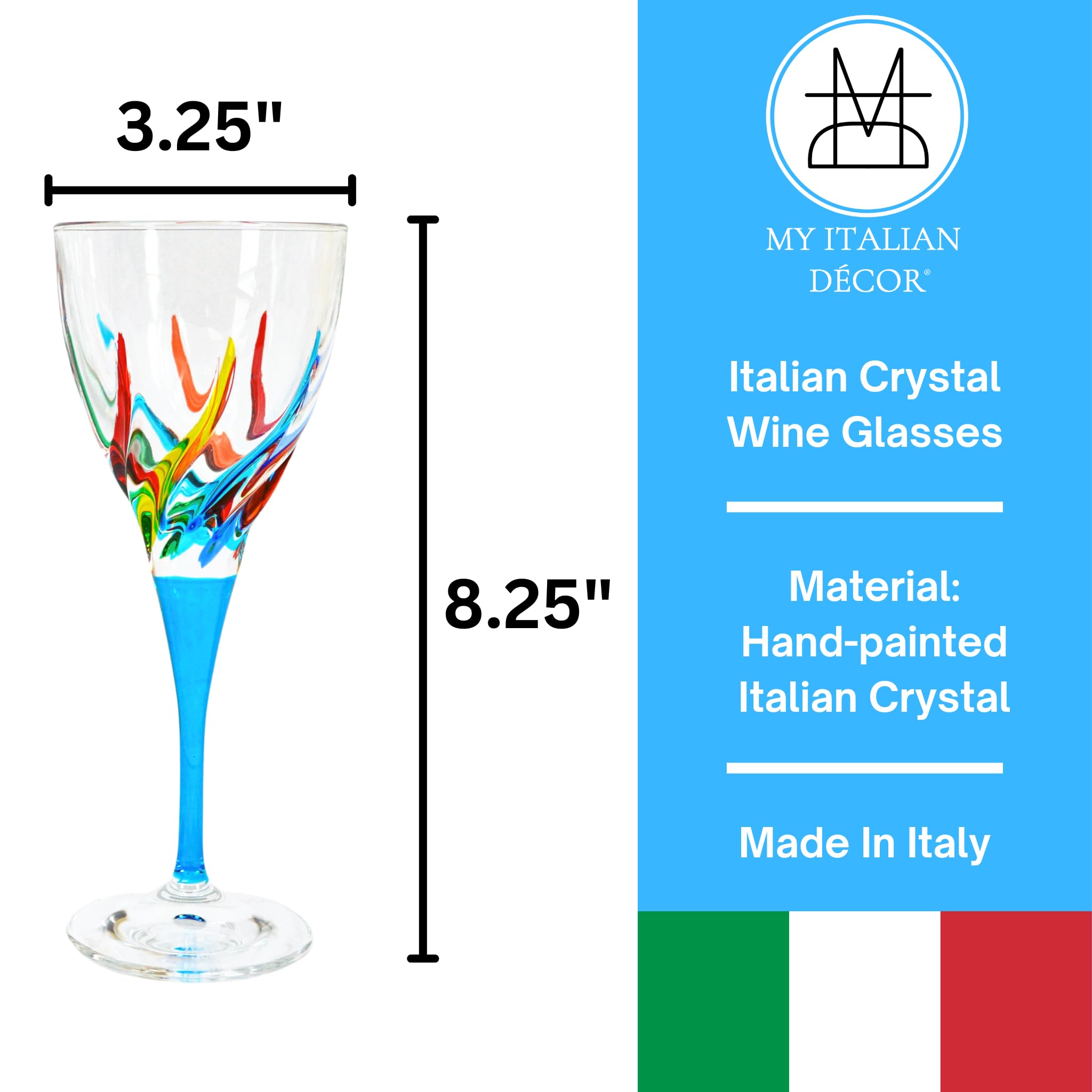 Premium Italian Hand Blown Wine Glasses - Trix Collection Set of 2 (8 oz) - Elegant Stemware for Red & White Wine - Murano Style Glassware Made in Italy - Perfect for Dinner Parties, Wine Tasting & Romantic Evenings