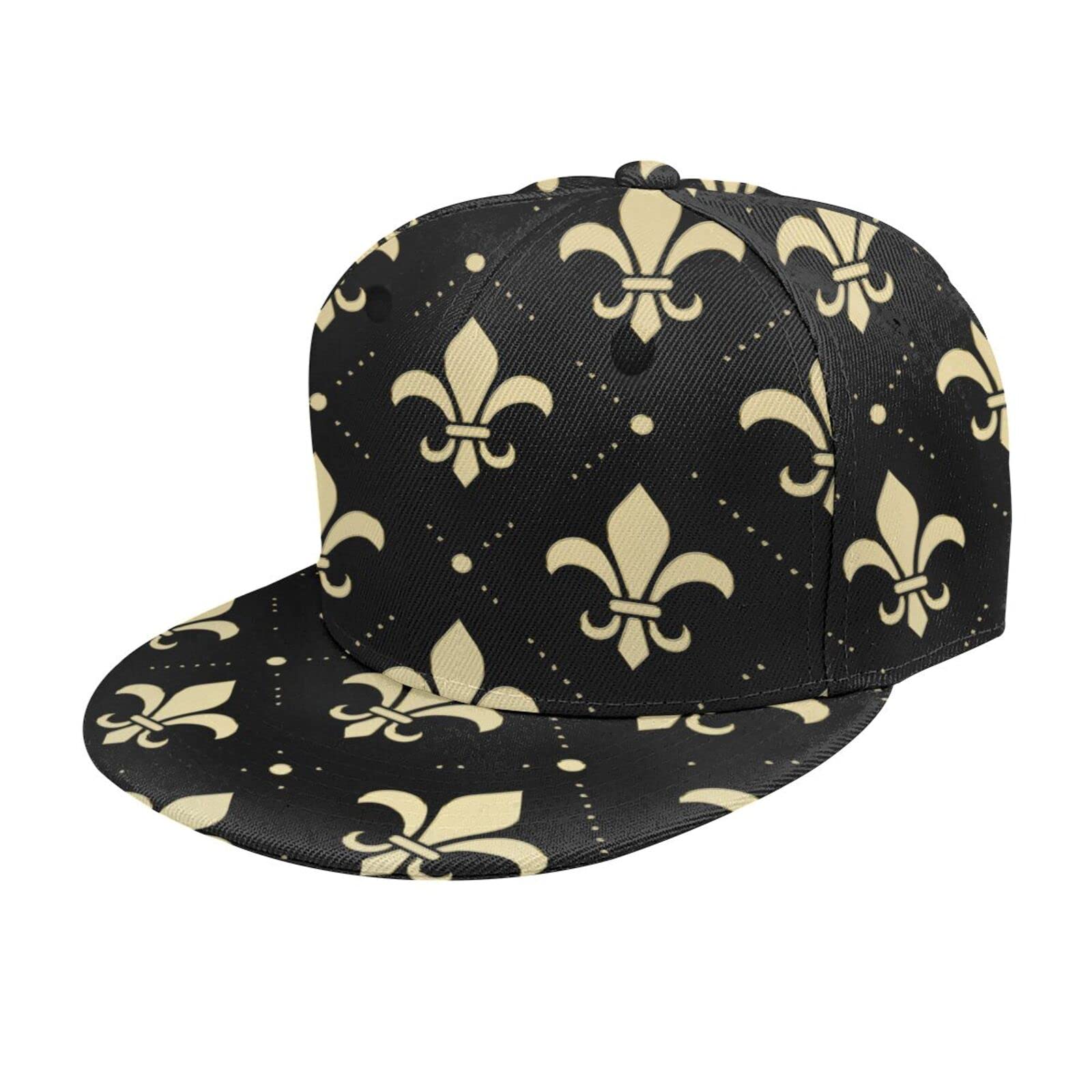 Unisex Fleur De Lis Gold Embroidered Snapback Trucker Hat - Adjustable Flat Brim Baseball Cap for Men & Women - Perfect for Outdoor Sports, Casual Wear & Street Fashion