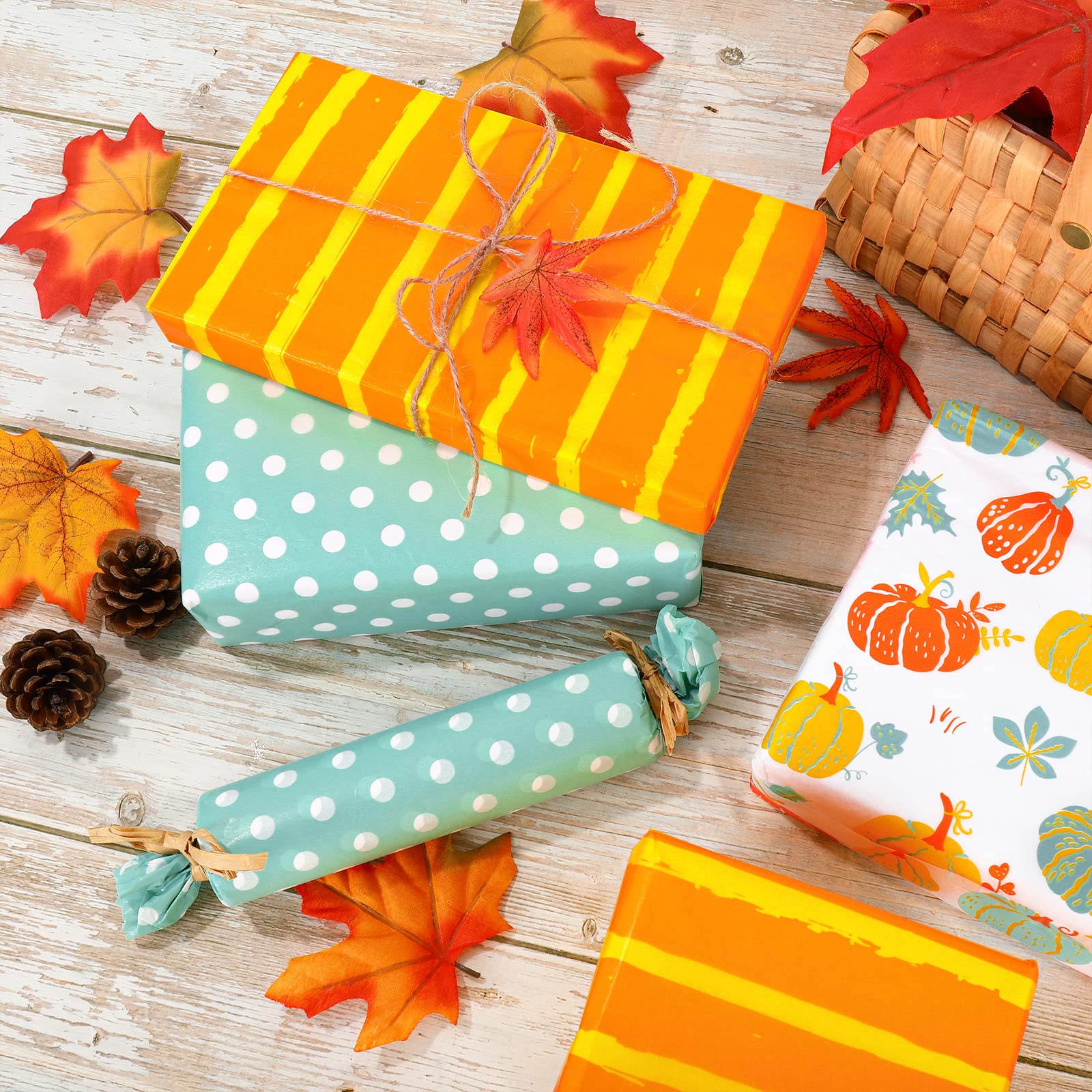Whaline Fall Tissue Paper - 90 Sheets of Orange & Blue Pumpkin Wrapping Paper (14x20 Inch) for Thanksgiving Gifts, DIY Gift Bags, Party Favors & Autumn Home Decor | Rustic Art Paper for Seasonal Crafts, Table Settings and Festive Celebrations