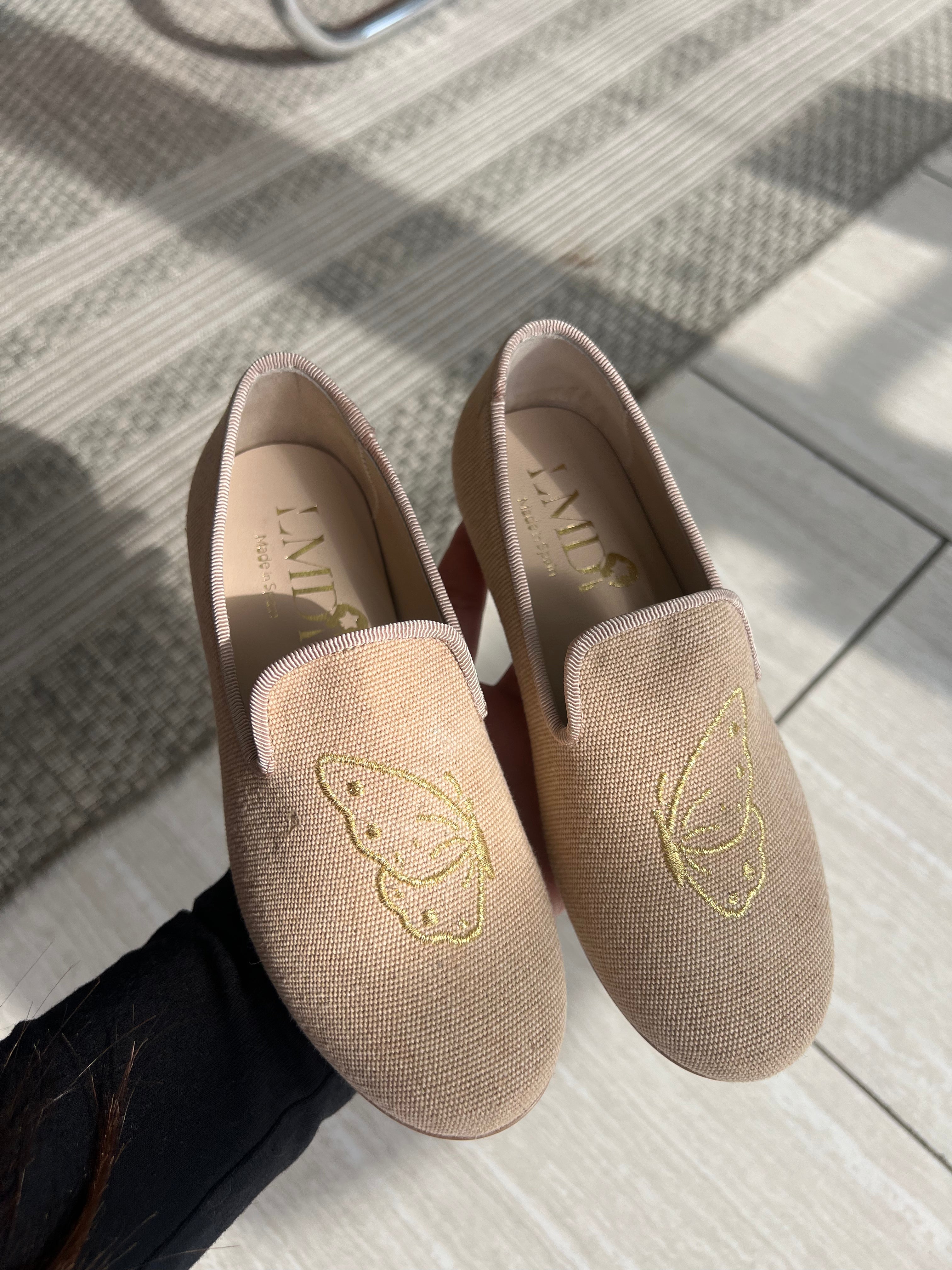 LMDI Women's Sand Linen Butterfly Smoking Loafers - Comfortable Casual Slip-On Shoes for Work, Office & Everyday Wear