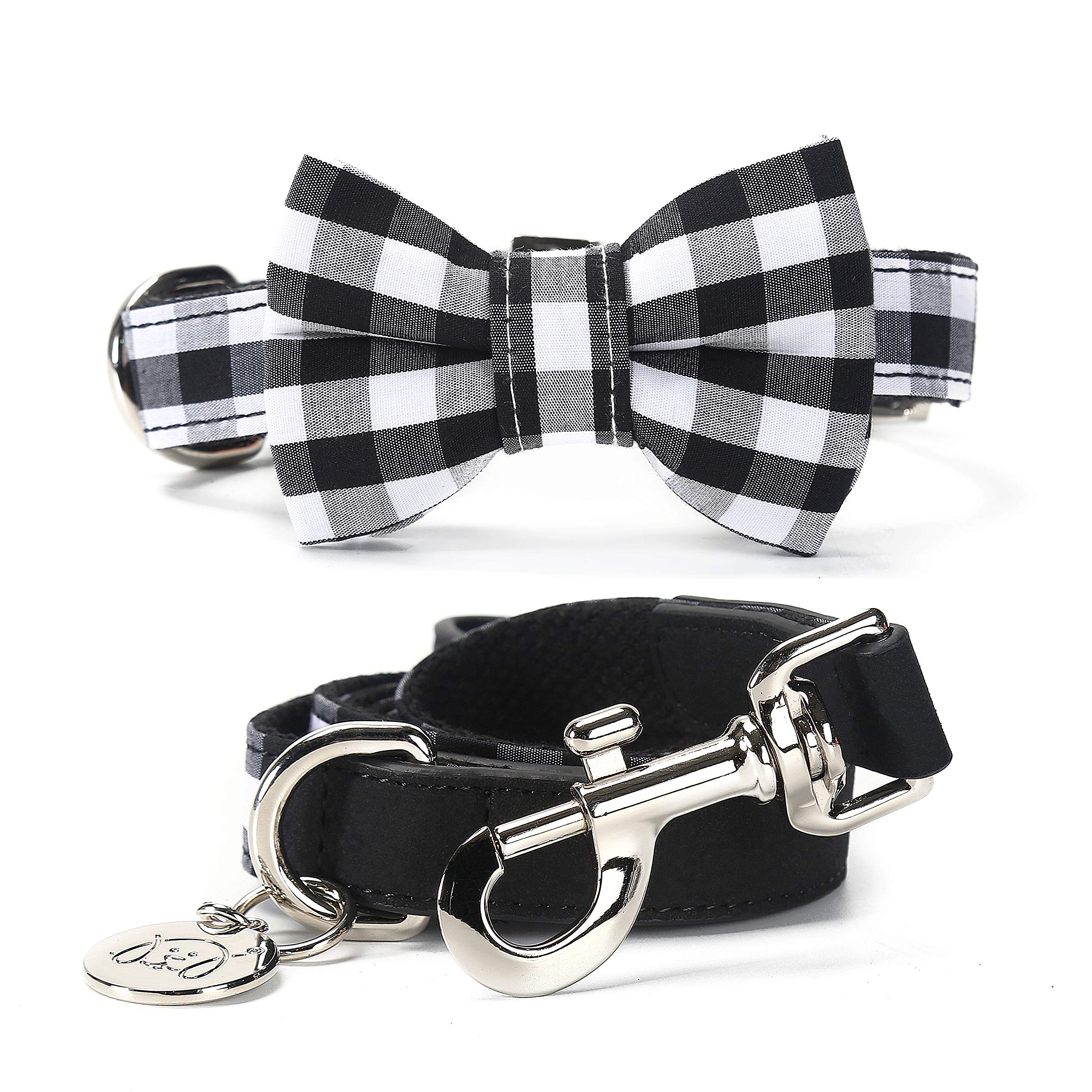 United Pups Black Gingham Plaid Dog Collar with Bow Tie & Leash Set - Small Size for Puppies | Perfect for Pet Fashion, Special Occasions & Daily Walks