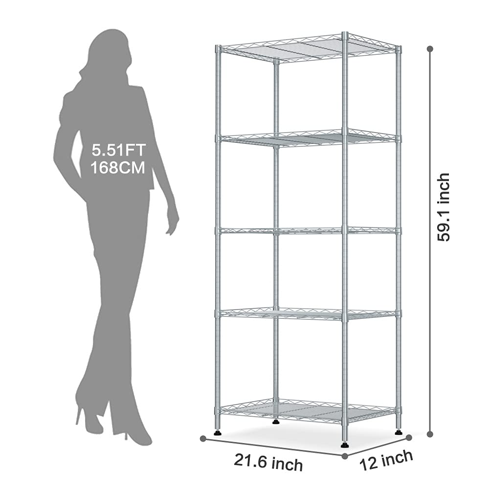 5-Tier Heavy Duty Adjustable Metal Storage Shelf - 660Lbs Capacity Wire Shelving Unit (11.8