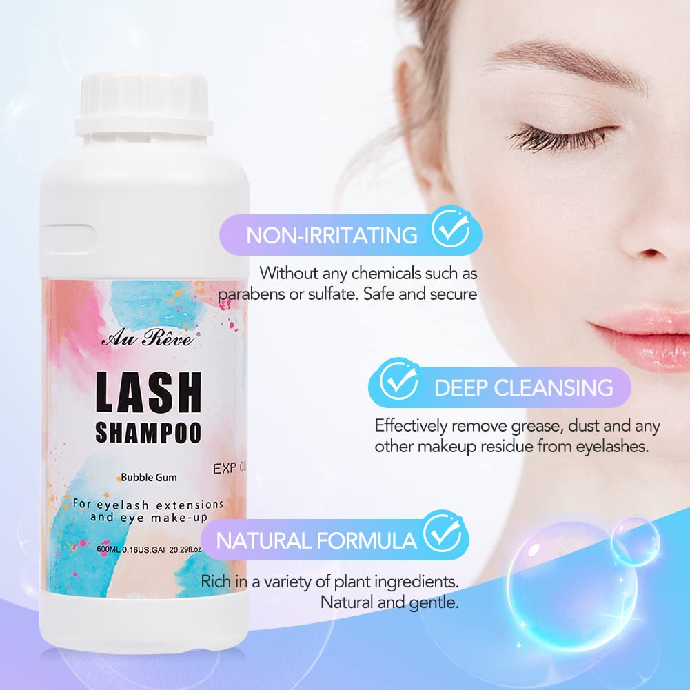 Eyelash Extension Cleanser & Shampoo - Paraben & Sulfate Free Lash Bath Cleaning Kit for Salon & Home Use (600ml, Bubble Gum Scent) - Gentle Care for Eyelash Extensions & Natural Lashes
