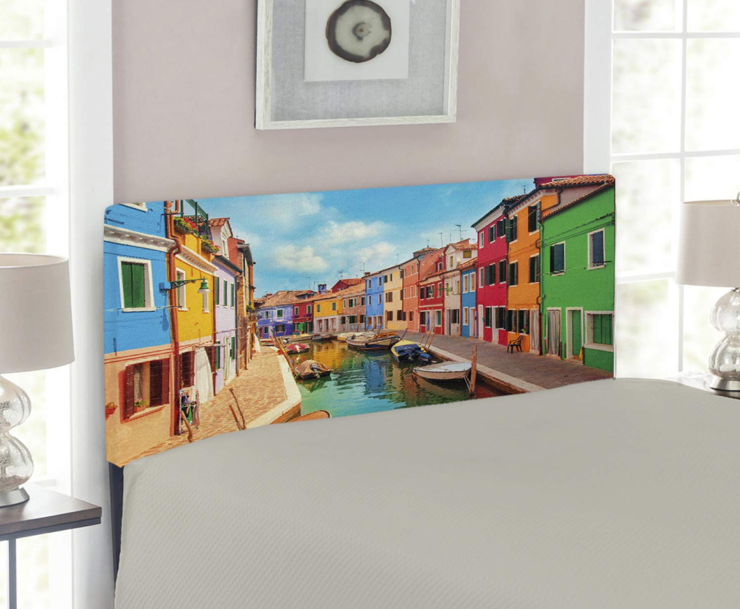 Ambesonne Venice Headboard - Colorful Burano Island Buildings & Canal with Boats in Venetian Lagoon | Upholstered Decorative Metal Bed Frame with Memory Foam | Twin Size Multicolor Headboard for Bedroom Decor & Coastal Theme Rooms