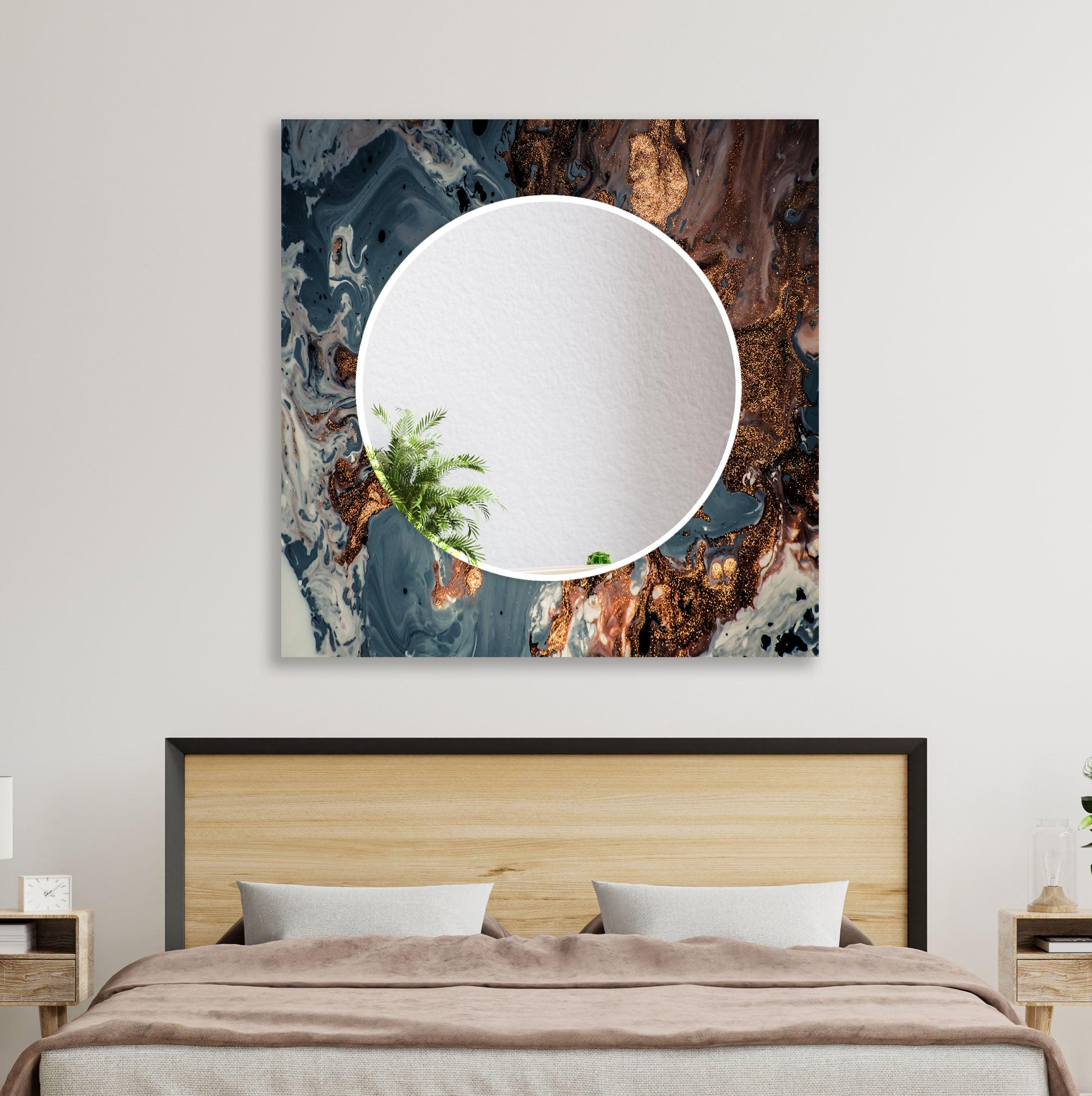 Blue Abstract Wall Mirror with Bronze Details - Modern Decorative Mirror for Living Room, Bedroom, or Entryway