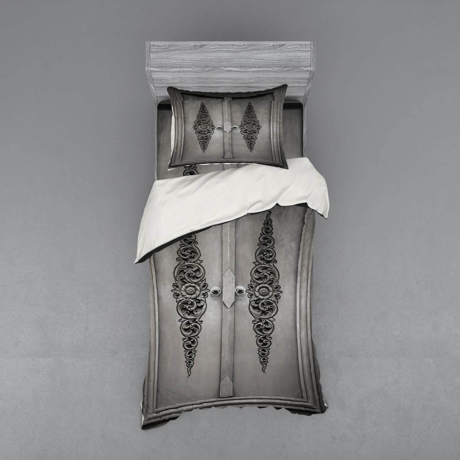 Ambesonne Antique Duvet Cover Set - Vintage Door Floral Pattern 3-Piece Bedding (Twin Size, Grey/Black) | Luxury Bedroom Decor for Home & Travel