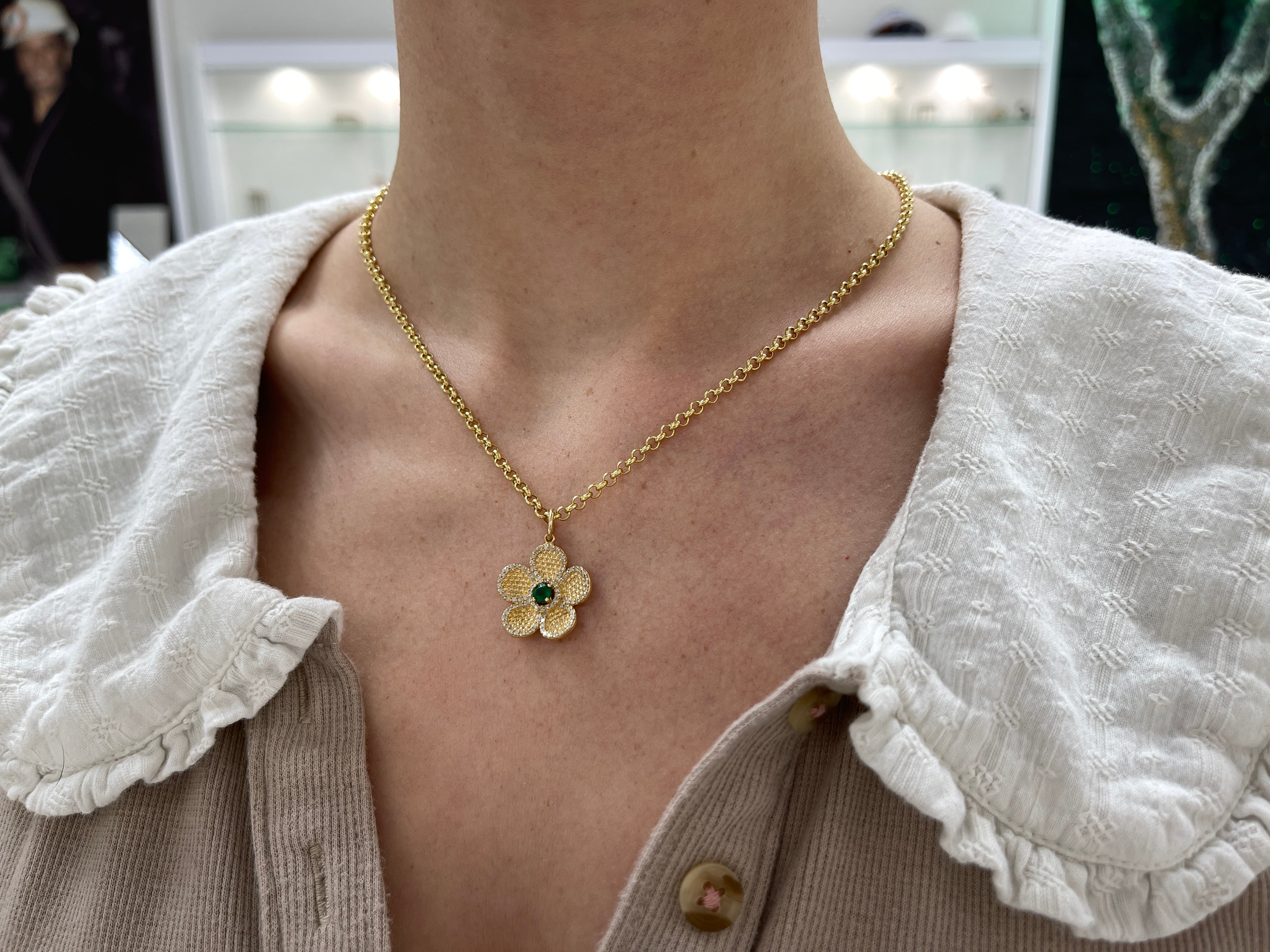 0.58tcw 14K Gold Emerald and Diamond Flower Pendant Necklace - Elegant Floral Jewelry for Women, Perfect Gift for Mother's Day, Anniversary & Special Occasions