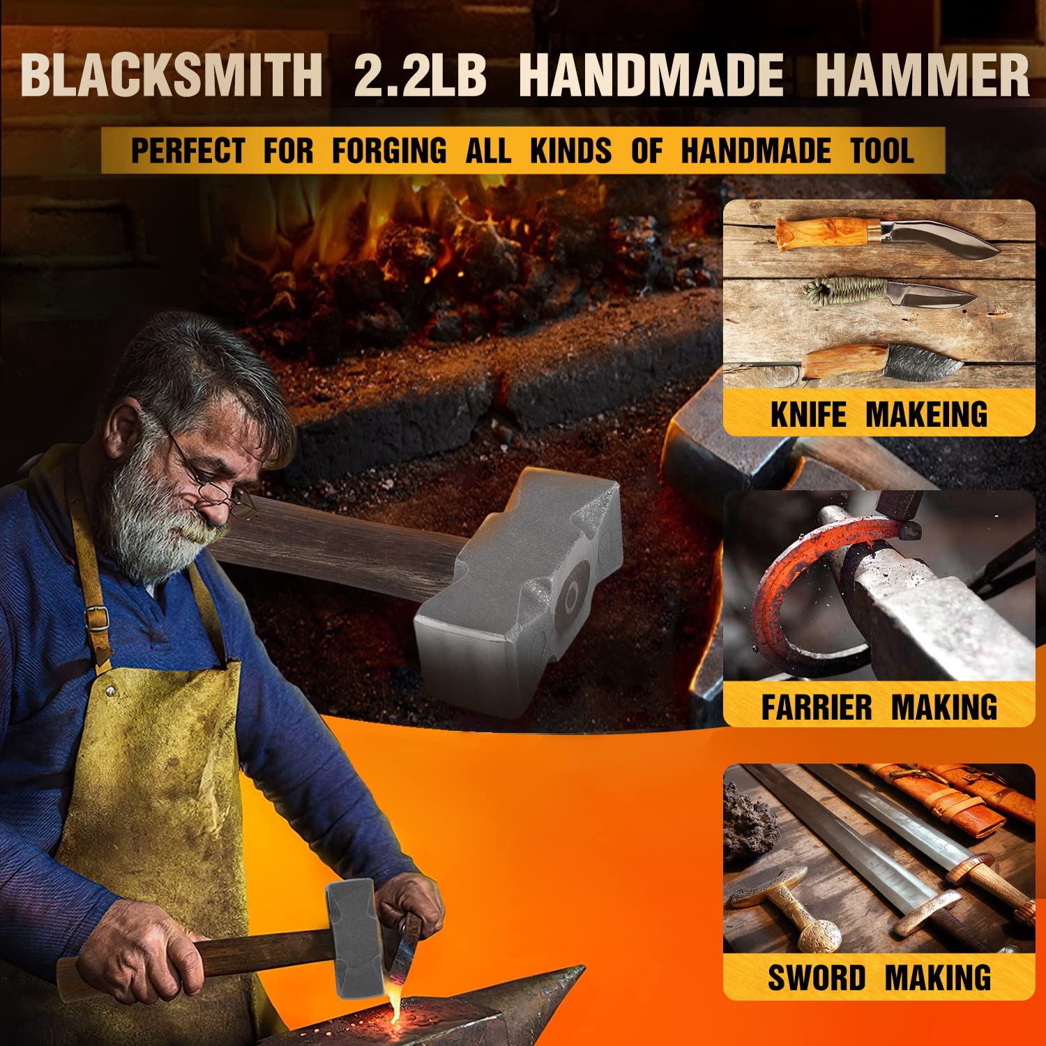 2.2LB Handmade Square Forge Hammer for Blacksmithing, Farrier & Knife Making - Professional Metalworking Tool for Shoeing Horses, Blade Crafting & DIY Forging Projects