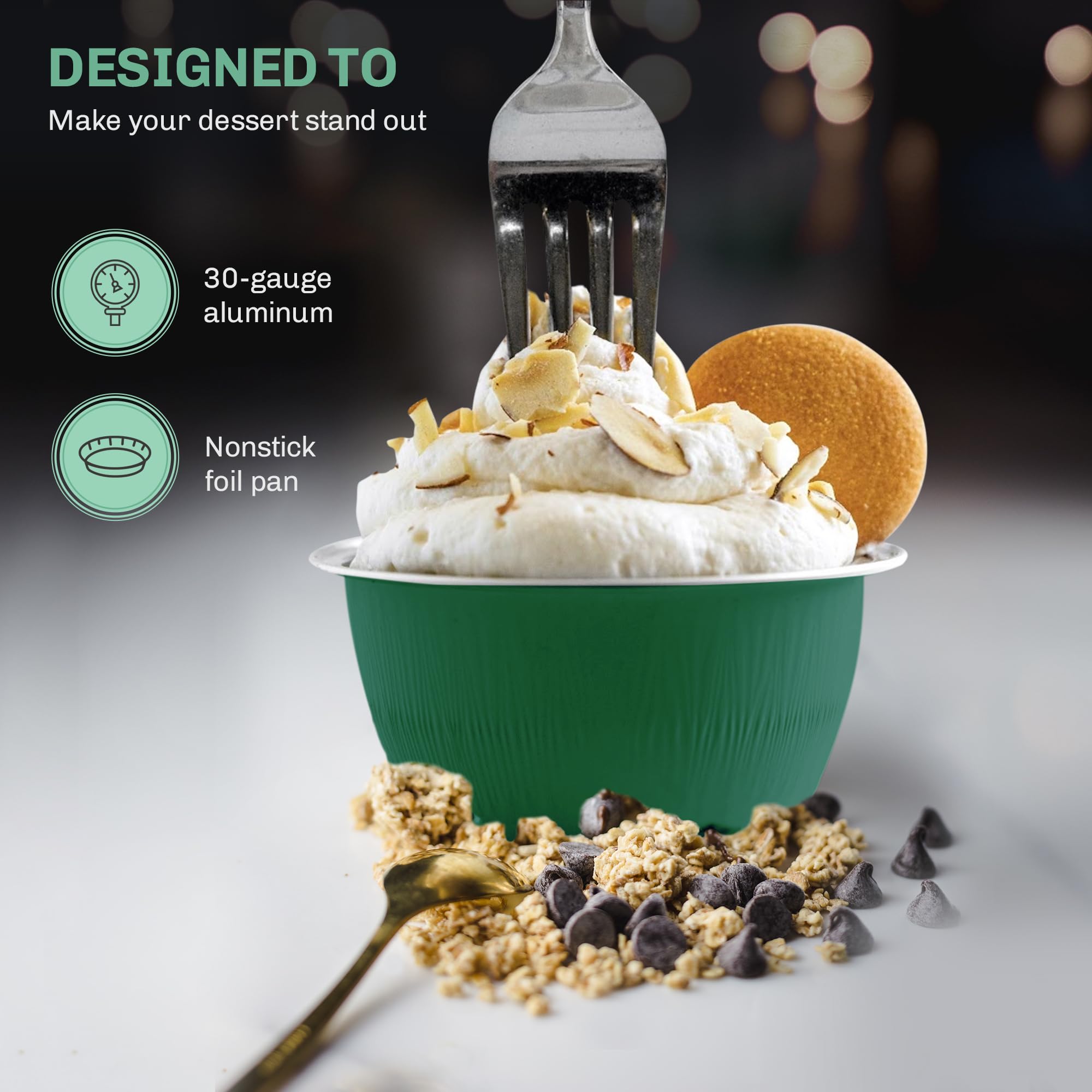 KitchenDance 4oz Disposable Aluminum Baking Cups with Lids - 500 Pack Green Colored Foil Pans for Creme Brulee, Flan, Cupcakes & Desserts - Perfect for Home Baking, Party Catering & Meal Prep