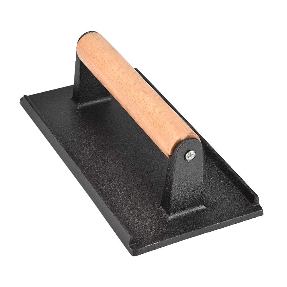 Heavy-Duty Cast Iron Grill Press - 8.1 x 4.1 x 2.8 Inch Non-Stick Steak & Bacon Press with Wooden Handle - Perfect for Hamburgers, Sandwiches & BBQ - Ideal for Grilling, Panini Pressing & Patty Making