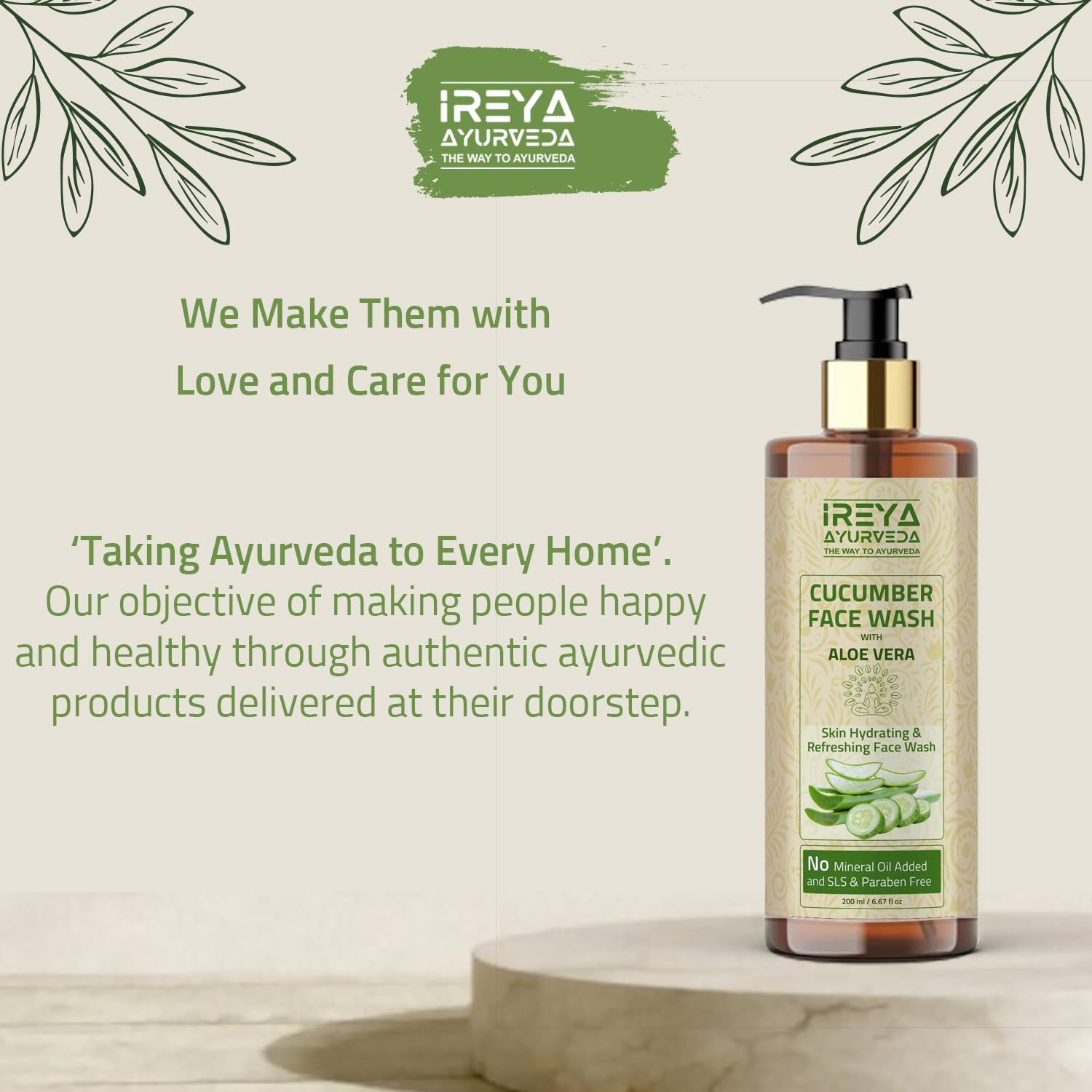 Cucumber Aloe Vera Face Wash 200ml - Natural & Vegan Facial Cleanser for Men & Women - With Cucumber Extract & Aloe Vera Gel - Pure, Cruelty-Free Skincare by Ireya Ayurveda - Perfect for Daily Cleansing & Hydration
