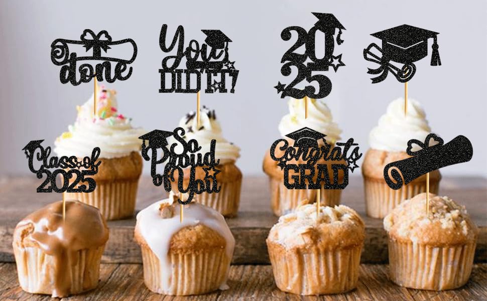 2025 Graduation Cupcake Toppers - 40Pcs Black Glitter Class of 2025 Cupcake Picks - Perfect for Graduation Party Decorations, School Celebrations & Dessert Table Displays