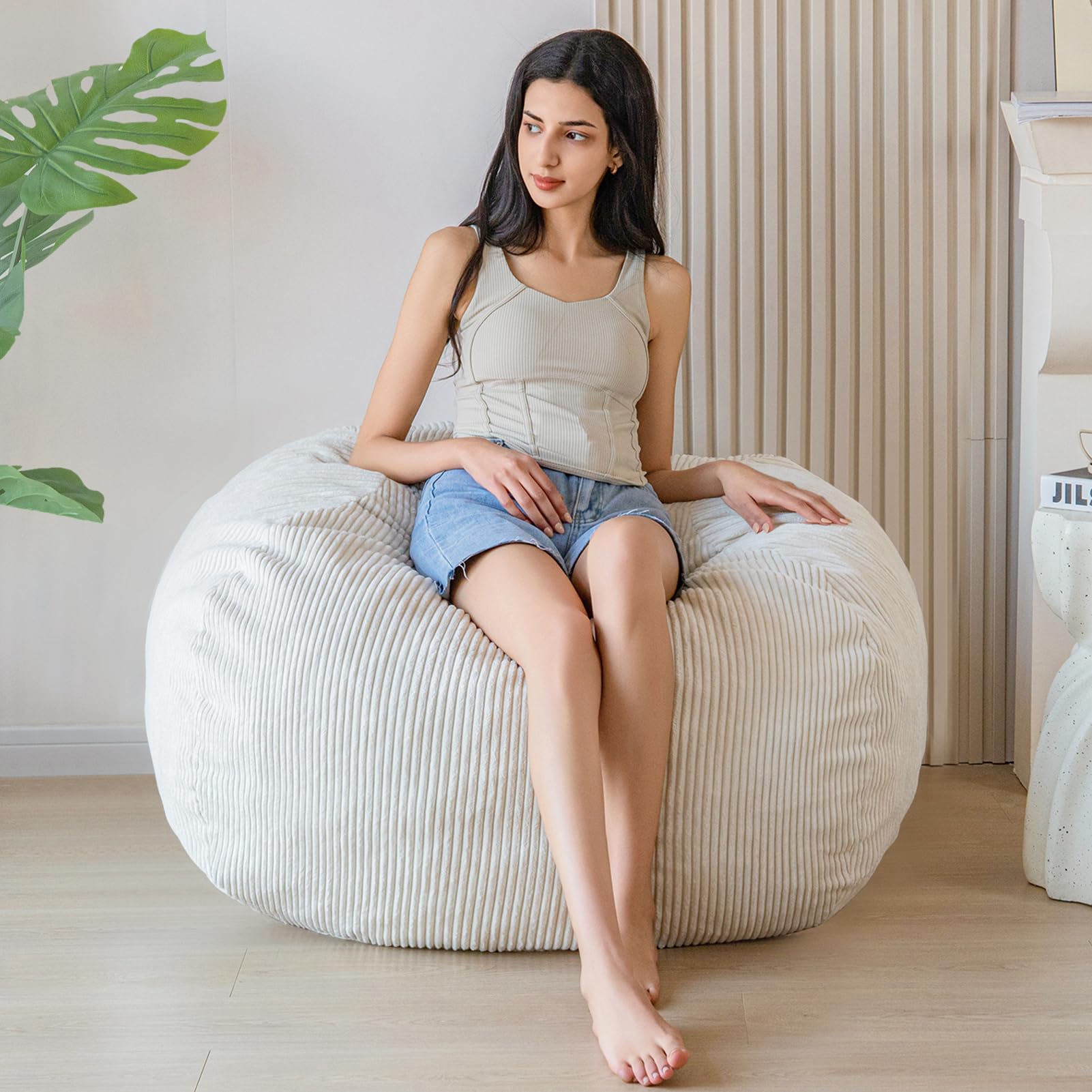 MAXYOYO 3ft Corduroy Bean Bag Chair for Adults - Ultra Soft Fur Lazy Sofa in Beige | Comfortable Lounge Chair for Living Room, Bedroom & Game Room Relaxation